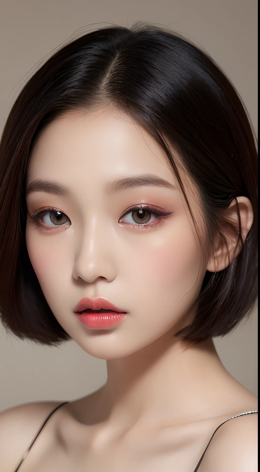 one Filipina model , hair model, Unique short hair details, elegant virtual fashion, Near future , double eyelid, plump lips, professional makeup