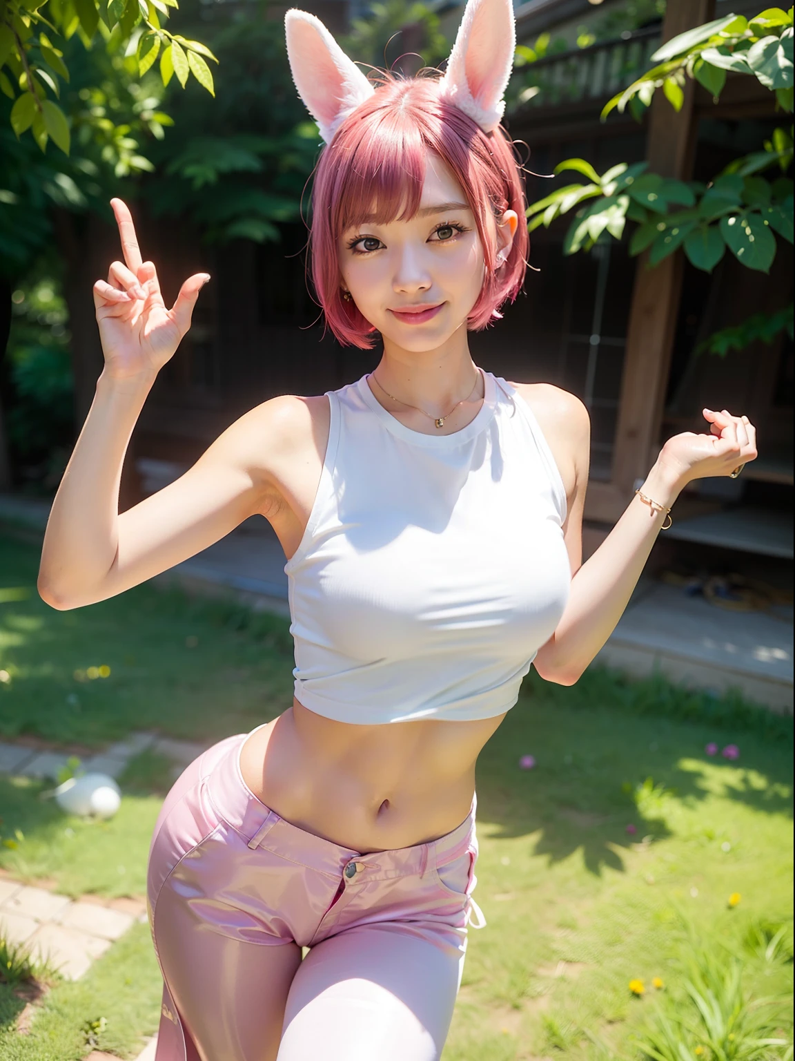 Yoga Classes、loose whiteＴThe shirt、Do yoga with bold legs open、Agra、jeans pants、Pink Shortcut Bob、Realistic rabbit ears、rabbit ears pink hair sticking out of the head,、Moisturized lips、Bewitching atmosphere、Beautiful shaped hands、K-POP、Pink rabbit ears、1 girl in、独奏、​masterpiece、top-quality、realisitic、Hyper-detailing、(Glossy skin:1.4)、Lustrous smile、Smiling eyes、Smiling lips、absurderes、Take your eyes off the camera、Eyes looking into the distance、Shooting in landscape orientation、short pink hair、Slender beauties、动态照明、hight resolution、foco nítido、depth of fields、Detailed eye、Sharp eyes、Realistic eyes、(thick thight:1.0)、small tits、Beautuful Women:1.4、Slender Abs:1.2、((Short-cut bob hair))、((k pop:1.3))、Highly detailed facial and skin texture、((魅惑的))、Anatomically correct number of fingers、Correct anatomy、