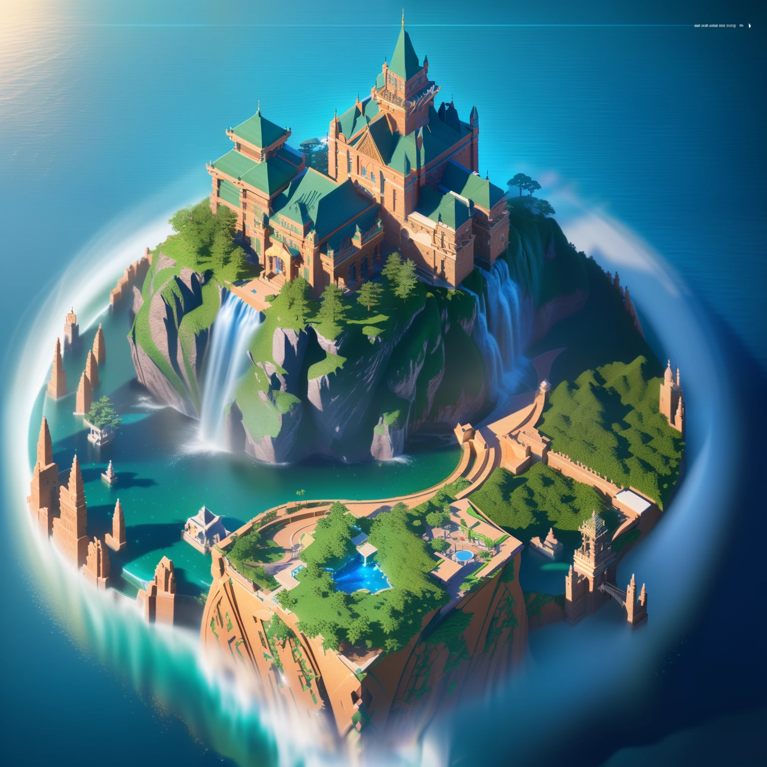 (Cartoon 3D:1.4),Isometric architecture,Masterpiece, Best quality, (Extremely detailed Cg Unity 8K wallpaper), (Best quality), (Best Illustration), (Best shadow), Floating island,waterfallr,China-style, Isometric 3D, rendering by octane,Ray tracing,Ultra detailed