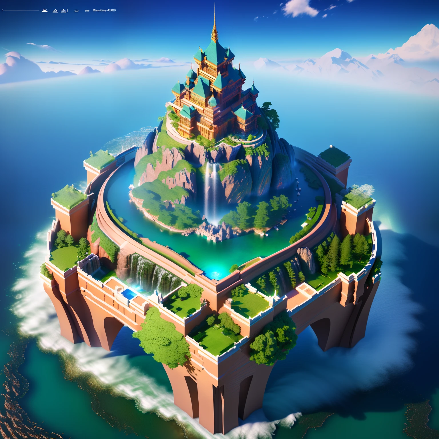 (Cartoon 3D:1.4),Isometric architecture,Masterpiece, Best quality, (Extremely detailed Cg Unity 8K wallpaper), (Best quality), (Best Illustration), (Best shadow), Floating island,waterfallr,China-style, Isometric 3D, rendering by octane,Ray tracing,Ultra detailed