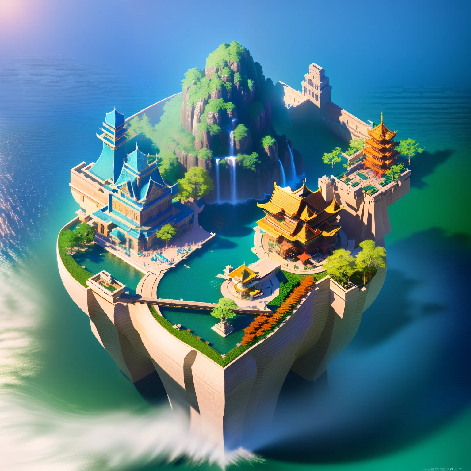 (Cartoon 3D:1.4),Isometric architecture,Masterpiece, Best quality, (Extremely detailed Cg Unity 8K wallpaper), (Best quality), (Best Illustration), (Best shadow), Floating island,waterfallr,China-style, Isometric 3D, rendering by octane,Ray tracing,Ultra detailed