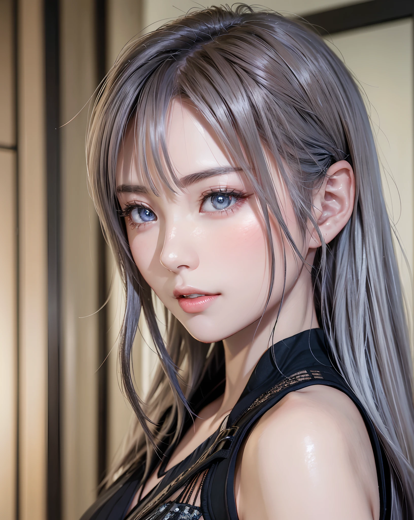 top-quality、8K Masterpiece、超A high resolution、(Photorealsitic:1.3)、Raw photo、1人、silver white hair、glowy skin、1 Cyberpunk Super Beautiful Soldier、((super realistic details))、portlate、globalillumination、Shadow、octan render、8K、ultrasharp、beauty breast、Raw skin is exposed in cleavage、metals、cold color、、highly intricate detail、Realistic light、CGSoation Trends、Beautiful eyes、radiant eyes、Facing the camera、neon details、