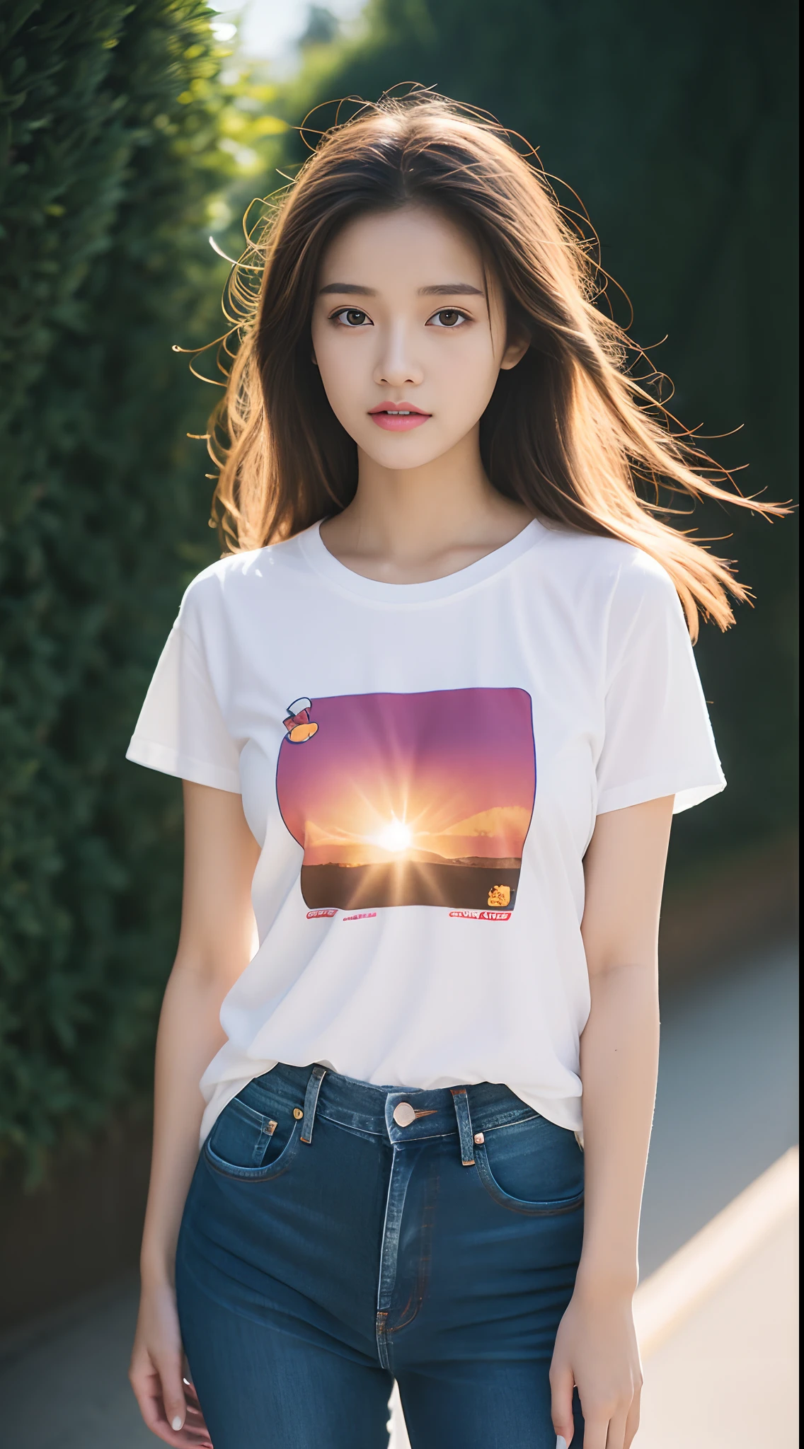 1 girl, small tits, Wear a T-shirt, Brown middle hair, evening, suns、Sunset、streaks of sunshine shining through the clouds, Slimed、A slender、Model body type、Denim skinny pants