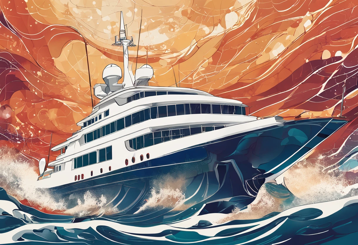 A poster of Gala dinner, 15 anniversal of logistic company, color photo of a white large yacht and ocean waves combined into an artistic painting. The image reflects on the night sea. The focal point of the artwork is a majestic yacht, its sleek lines cutting through the tumultuous waves with grace and power. Captain and sailors stand on deck. Poster is very art