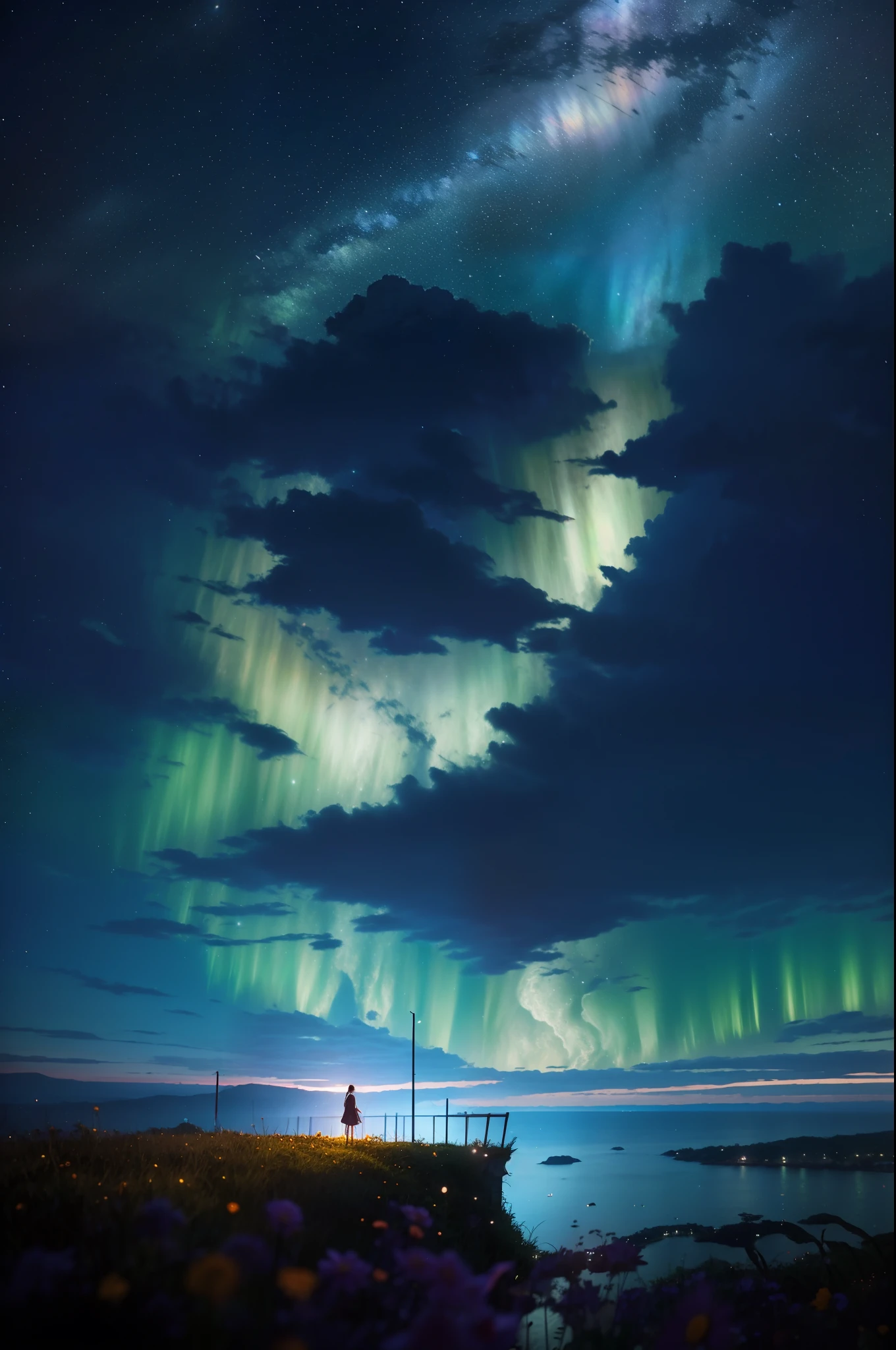 3 points of composition,in style of hayao miyazaki,(Hayao Miyazaki animated film:1.4),1 Outdoor girls,Floral slip dress,Qi bangs straight long hair, the night, starrysky, in a panoramic view, scenecy, horizon,hilltop, Sit on top of the hill,Knees folded, ventania,The wind ruffled the long hair,(中景 the scene is:1.4),super-fine,Works of masters,high qulity,8K分辨率,depth of fields,电影灯光,Epic shooting,high qulity,super-fine,Detailed pubic hair,Accurate,Cinematic lighting,((best qualtiy)), ((tmasterpiece)), (A detailed:1.4),Enhanced dynamic perspective