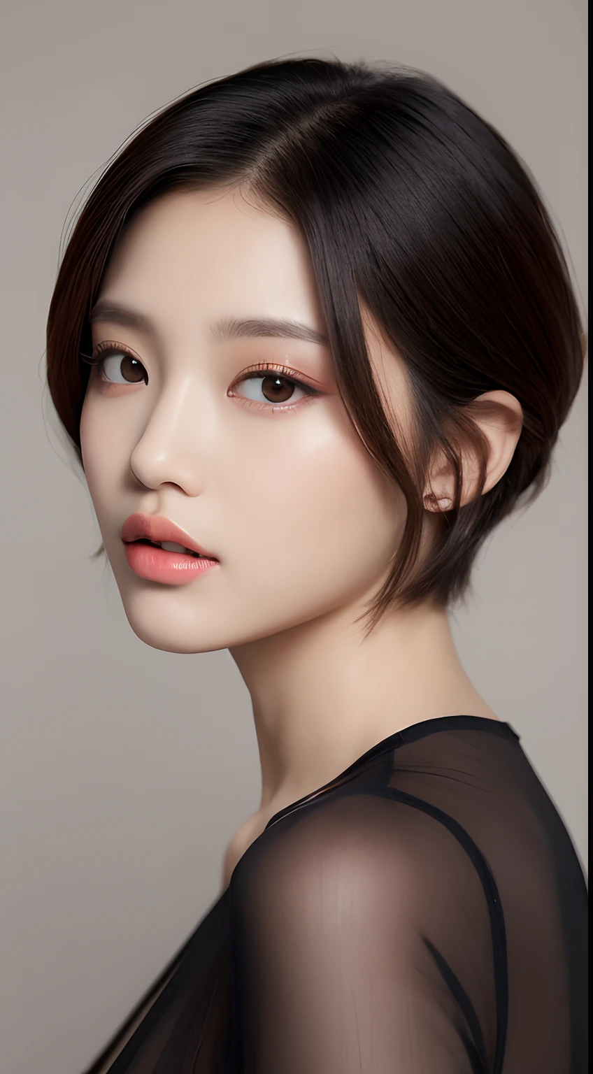 one Filipina model , hair model, Unique short hair details, elegant virtual fashion, Near future , double eyelid, plump lips, professional makeup
