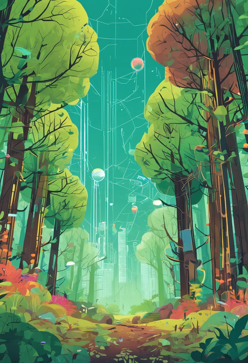 "A colorful digital illustration of a lush forest scene being monitored with advanced technology, as the cover image for a project about developing AI and IoT tools for sustainable forest protection and tree health tracking. The scene shows tall green trees in a dense forest, with glimpses of blue sky above. Interspersed in the branches are floating spheres and cubes representing high-tech sensor devices and satellite imagery analysis. At the center, an AI hologram overlooks the forest data. The overall style is vibrant and futuristic. The mood is optimistic about using innovation to understand and conserve nature."