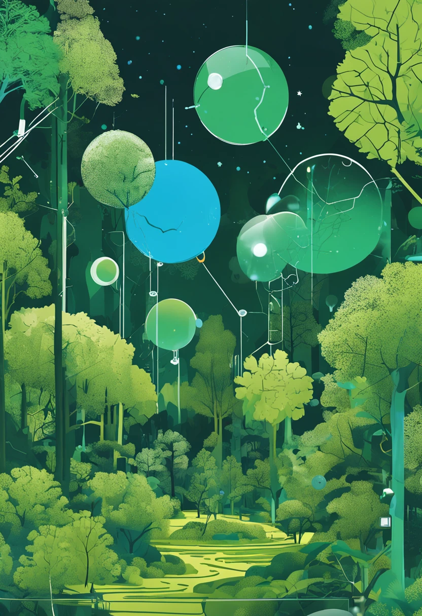 "A colorful digital illustration of a lush forest scene being monitored with advanced technology, as the cover image for a project about developing AI and IoT tools for sustainable forest protection and tree health tracking. The scene shows tall green trees in a dense forest, with glimpses of blue sky above. Interspersed in the branches are floating spheres and cubes representing high-tech sensor devices and satellite imagery analysis. At the center, an AI hologram overlooks the forest data. The overall style is vibrant and futuristic. The mood is optimistic about using innovation to understand and conserve nature."