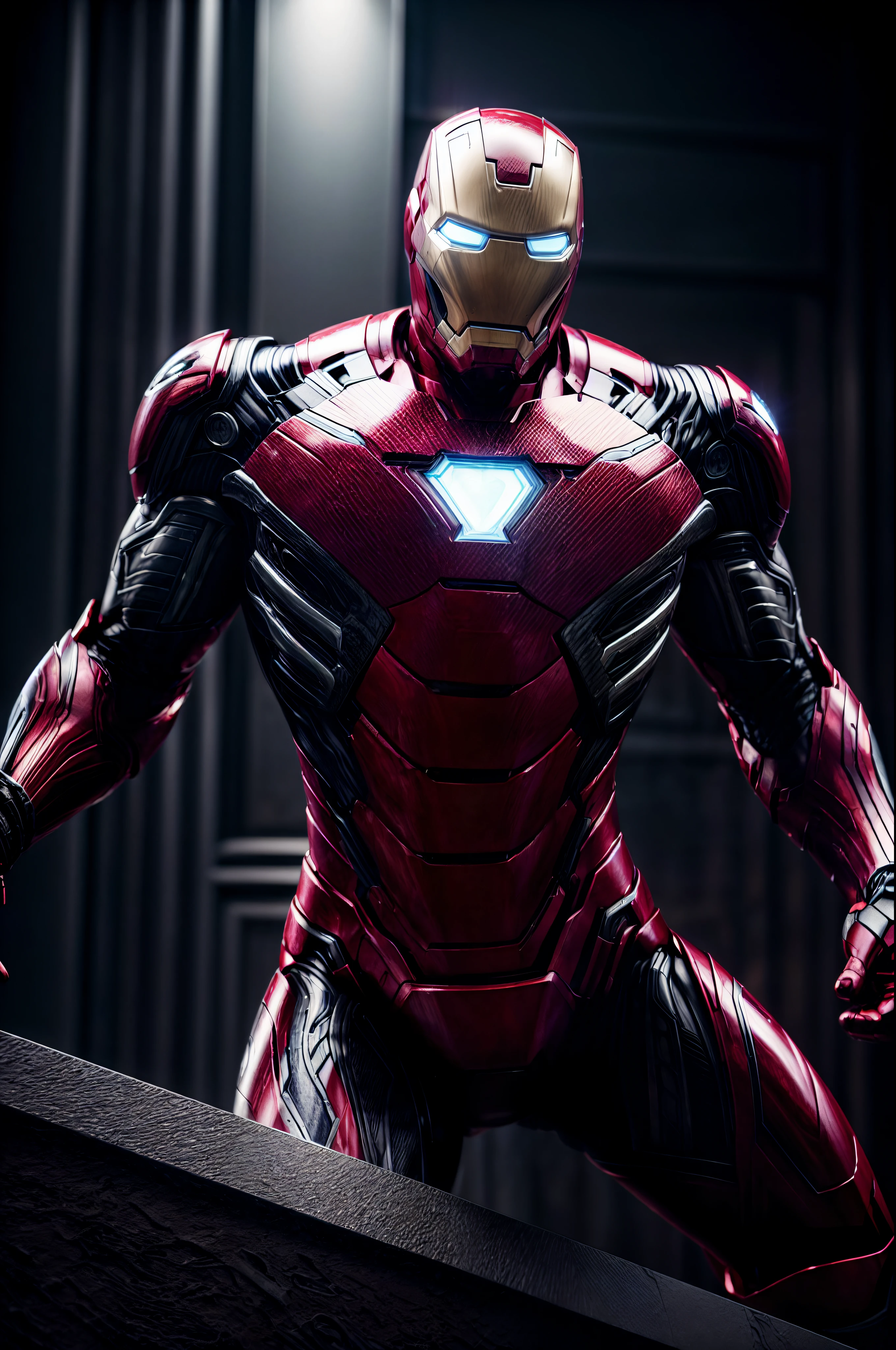 An intricate image of Ironman and venom, levitating, extremely detailed suit, micro-details, photorealism, one light, dark photo, deep shadows, shallow depth of field, photorealistic, Surrealism, high quality, masterpiece, 8k, 8k, super detail, full body portrait, extremely muscular
