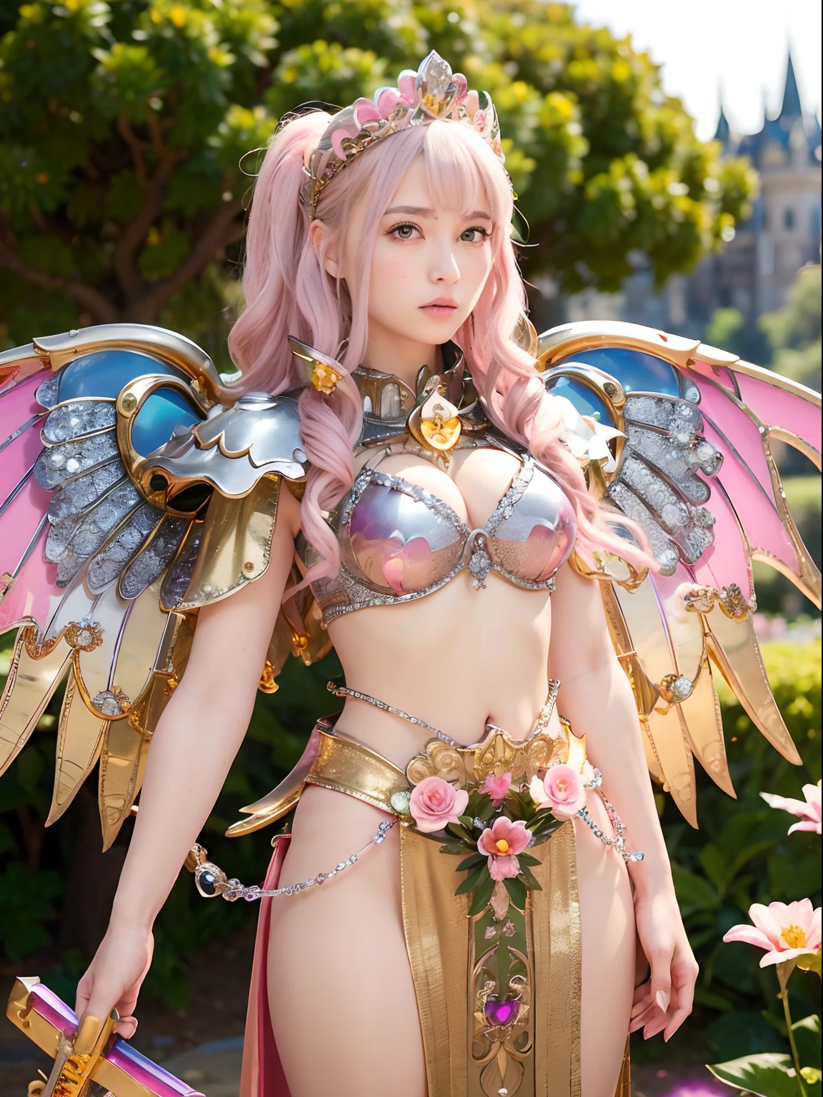 (masutepiece), Professional , ​masterpiece、top-quality、photos realistic , depth of fields （Gemstone Flowers Metal Body:1.4),(Matte Silver Pink、Jewel Gold Weapon、（Gorgeous castle background）、（ultimate beauty girl）、（Flower rainbow fairy wings grow）、（Jewel Flower Metal Body:1.９),Gorgeous Jewel Metal Weapons , Detailed Sword of the Brave ,（ a blond）   ,warhammer 40k ,(（Floral Micro Bikini）)、Particles of light、（Beautiful flower garden background）、 adepta sororitas,Detail and ornate jewel crown、独奏、Brown hair、（Gangle's forest background）、Beautiful Caucasian beauty、１a person、dynamic ungle,(((Diamond tiara with detail and luxury)))、a small face、Powerful poses、（Gorgeous castle background）、huge filesize、20 year old beautiful woman、Thin female fingers、Straight long hair、Beautiful Caucasian beauty、Valley、Fairy of Light、Particles of light、