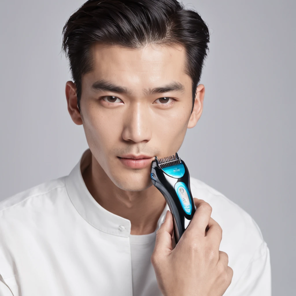A Chinese man holds an electric razor in one hand，Take a photo of the razor brand，ad campaign，H3H3，Taoist，shot of，beauty retouch，Cool and bright tones，Dua Lipa，Official Product Pictures，inspired by Luo Ping，Clean face and body skin