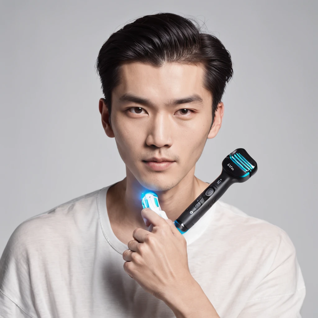 A Chinese man holds an electric razor in one hand,Take a photo of the razor brand,ad campaign,H3H3,Taoist,shot of,beauty retouch,Cool and bright tones,Dua Lipa,Official Product Pictures,inspired by Luo Ping,Clean face and body skin