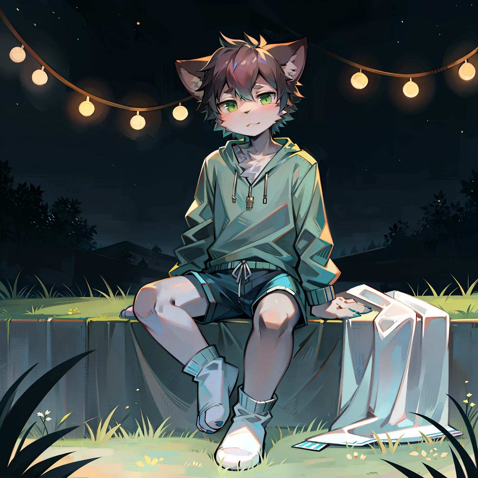 Furry，Furry cat boy，（Dark gray hair），（dark grey skin），Green eyes，Sit cross-legged on a white blanket on the grass，（Wear short white socks），Light blue pajamas and shorts，the night，solo person，high high quality