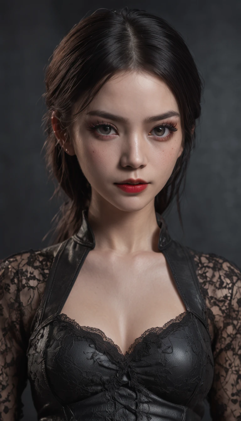 Masterpiece, Best quality, 1 girl, Solo, Natural skin texture, Realistic black eyes and facial details :5),(Dark :1. 4), Deep shadows, Extremely detailed beauty, Detailed eyes and face, sharp black eyes, Red lipstick, No black eyeliner, Detailed leather clothing, pony tails, Black hair, nikon d850 film, Surreal, Authentic textures, Dramatic, lighting, illusory engine, (facial clarity :1). 5), (Transparent clothes :1); 1) Dark style,black leather clothes, Black lace, tattoo