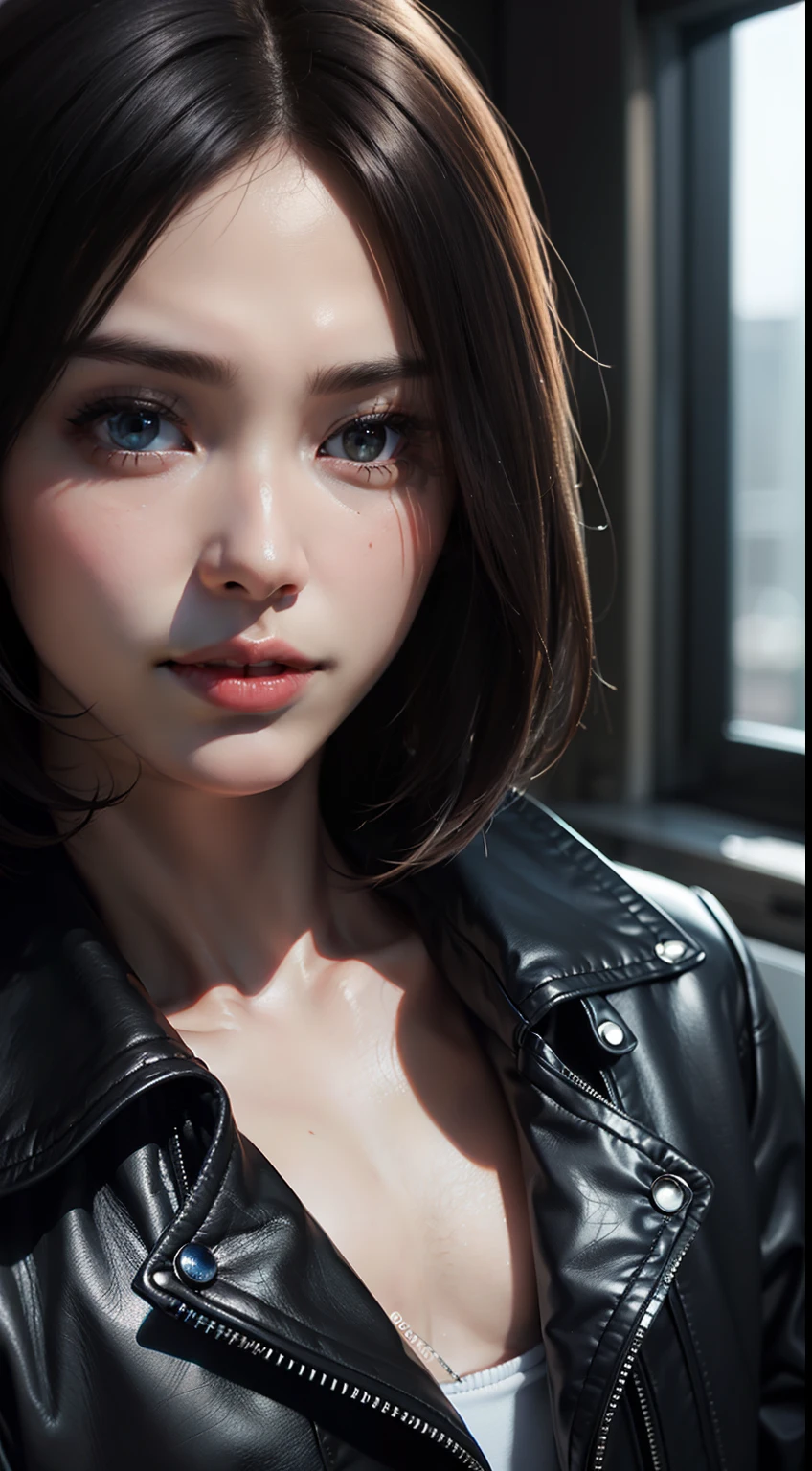 ((Men only)), (Cowboy shot), (Handsome muscular man in his 30s), Black handsome muscular man in black leather jacket on bare skin, He is like《Resident Evil》Leon Kennedy, Domineering smile, (detaile: 1 in 1), natural muscles, high qulity, beautidful eyes, (Detailed face and eyes), (face、: 1 / 2), noise, Real Photographics、... ............................................................PSD, Sharp focus, High resolution 8K, hentail realism & Professional photography, 8K UHD, Soft lighting, High quality, filmgrain, 富士XT3