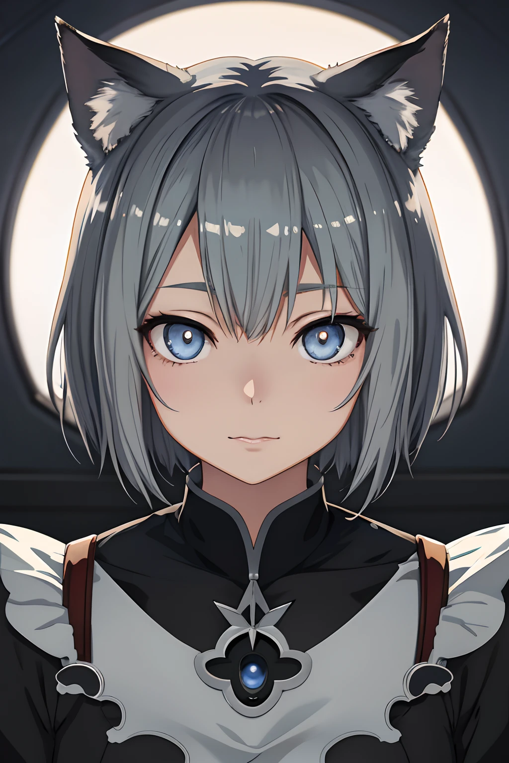 portrait of a catgirl, anime catgirl, smooth soft skin, big dreamy eyes, grey short hair, symmetrical, anime wide eyes, beautiful eyes, soft lighting, detailed face, by makoto shinkai, stanley artgerm lau, wlop, rossdraws, concept art, digital painting, looking into camera, 1girl