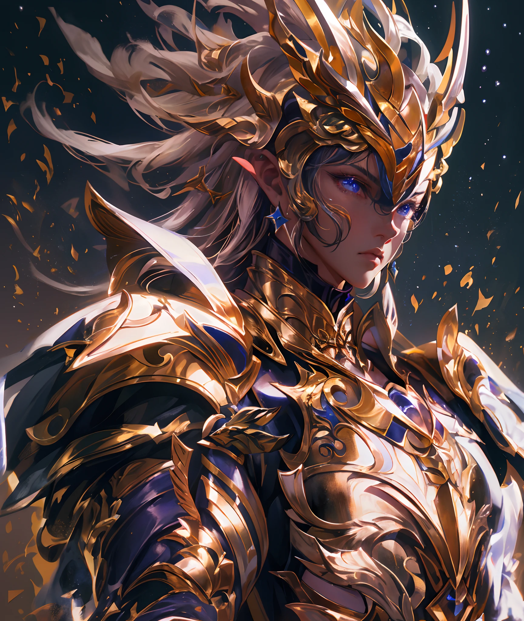 Ultra-high saturation，（tmasterpiece）， fully body photo，（best qualtiy）， （1girll）， starryskybackground，Wearing shiny gold armor， Sexy lingerie type armor，Expose your chest，Expose the waistline，Exposing thighs，cool-pose， Saint Seiya Armor， messy  hair，high detal, Anime style, Cinematic lighting, Sparkle, god light, Ray traching, filmgrain, hyper HD, textureskin, super detailing, Anatomical correct, A high resolution，Ultra-high saturation，hight contrast，High-gloss armor，Smooth skin，Serious expressions,Dark room,