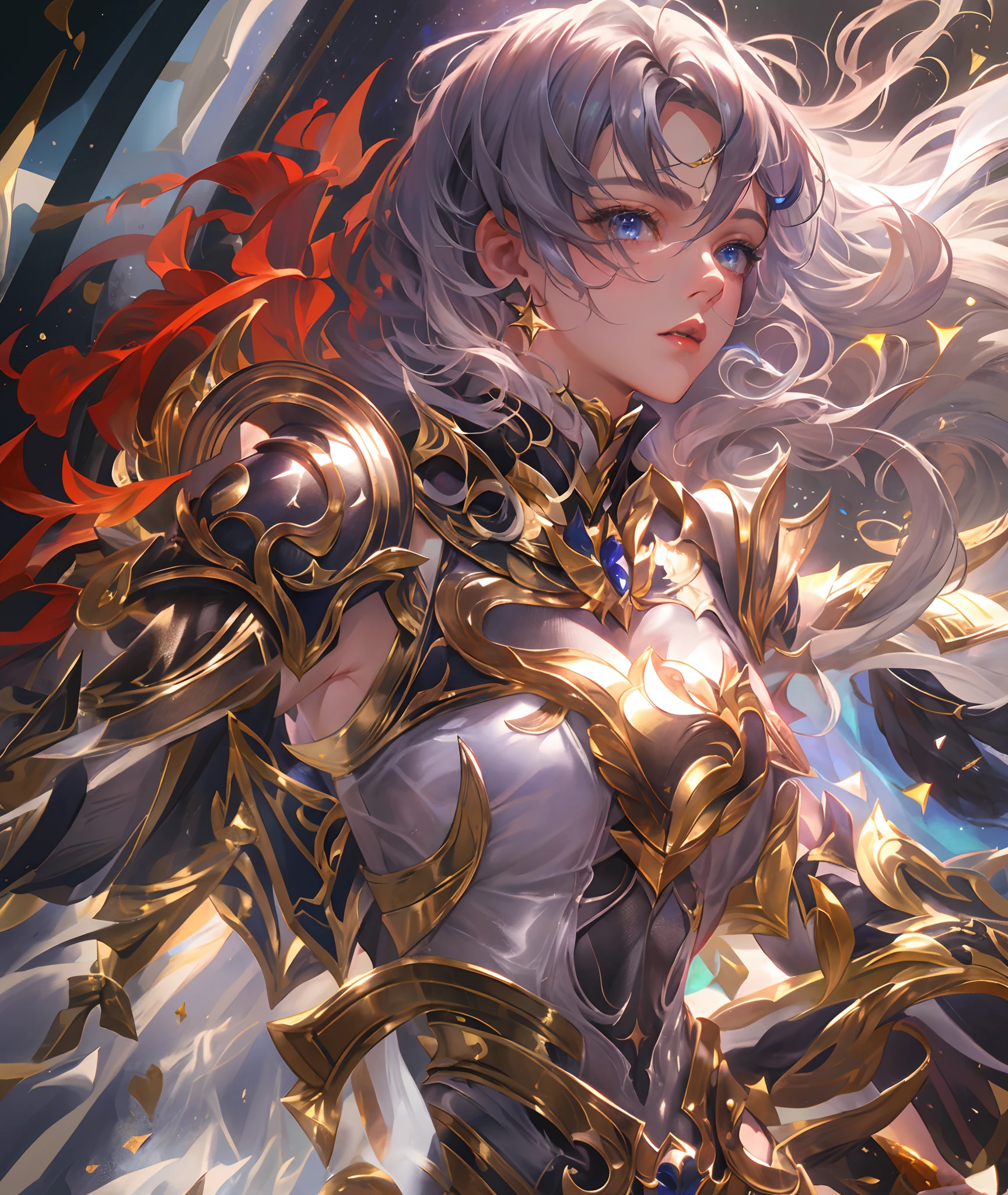 Ultra-high saturation,(tmasterpiece), fully body photo,(best qualtiy), (1girll), starryskybackground,Wearing shiny gold armor, Sexy lingerie type armor,Expose your chest,Expose the waistline,Exposing thighs,cool-pose, Saint Seiya Armor, messy hair,high detal, Anime style, Cinematic lighting, Sparkle, god light, Ray traching, filmgrain, hyper HD, textureskin, super detailing, Anatomical correct, A high resolution,Ultra-high saturation,hight contrast,High-gloss armor,Smooth skin,Serious expressions,Dark room,