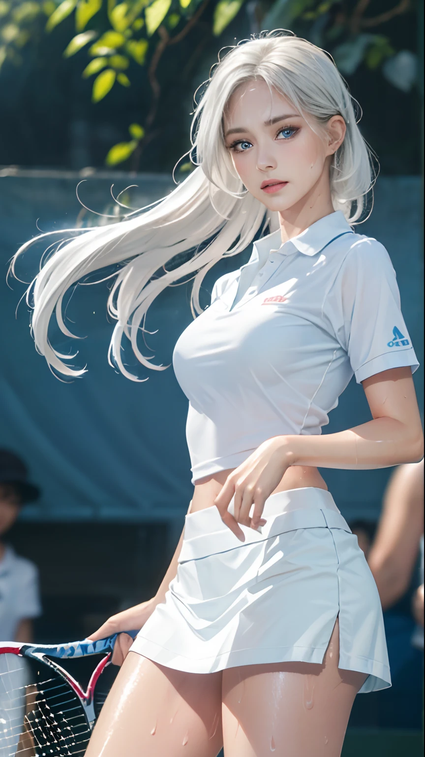 absurd, masterpiece, best quality, realistic, hyper-detailed, (shiny skin, sweaty:1.4), slender, looking at viewer, 1girl, solo, tennis wear, white polo shirt, white sneakers, white miniskirt, long hair, silver hair, blue eyes, (thick thighs:0.5), dynamic lighting, high resolution, sharp focus, depth of field, small breasts