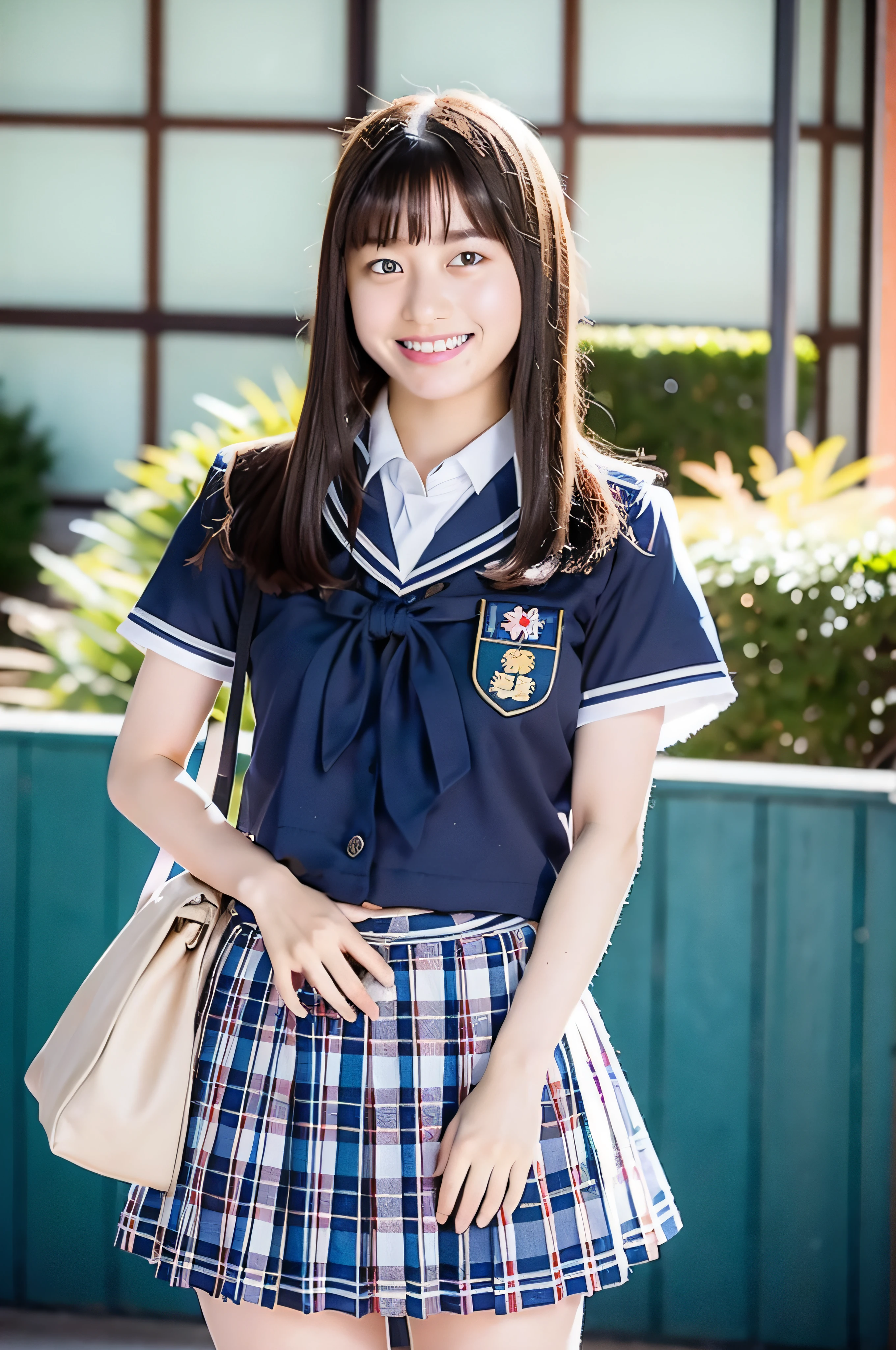 (((masterpiece))), (One beautiful Japan girl, classmates, landscape and innocence,kawaii) ,超A high resolution, Realistic, ultra-detailliert, 8K,top-quality, Extremely detailed, Detailed background,A slender,very beautiful japanese girl, Detailed face:1.3), (Boyish short-haired,A dark-haired :1.4), (a baby face,kawaii系,adorable 14 year old girl), (Perfect body:1.1), (Brown blazer, Light brown pleated mini skirt), Provocative smile,Please show me your beautiful teeth,rosy cheeks,Super Detailed Face、Detailed lips、A detailed eye、small gravure idol,Transparent skin、Lori,Japanese high school uniform with the school emblem on the chest,((Skirt combing,Please show me your white frilly pants)),amazing, finely detail,(In the classroom), ((Full body shot)), Perfect Anatomy, Photorealsitic,Photography, Perfect Skin, Warm air,(beautiful thigh,Perfect feet with no discomfort),Expectations and anxieties,Sexy pose looking at camera,电影灯光