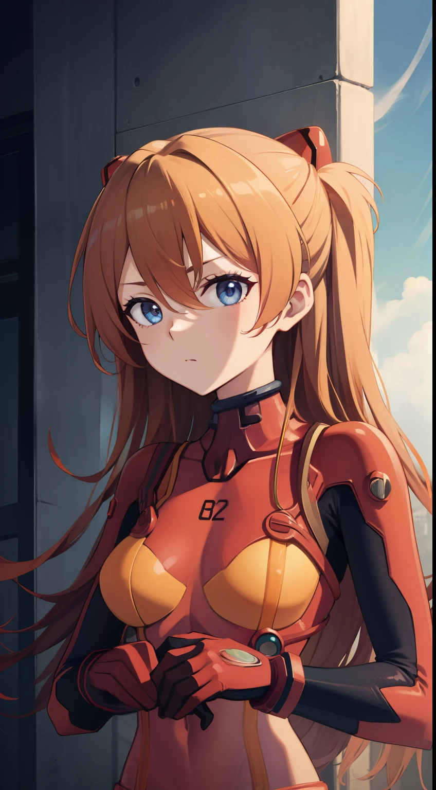 asukalangley, Asuka Langley Soryu, hair between eye,  Orange hair, Long sleeves, plugsuit, Red bodysuit, BREAK outdoors, city, looking at the viewers, (masutepiece:1.2), Best Quality, High resolution, Unity 8k壁纸, (Illustration:0.8), (Beautiful detailed eyes), extra detailed face, Perfect Lighting, extremely details CG, (Perfect hands, Perfect Anatomy),