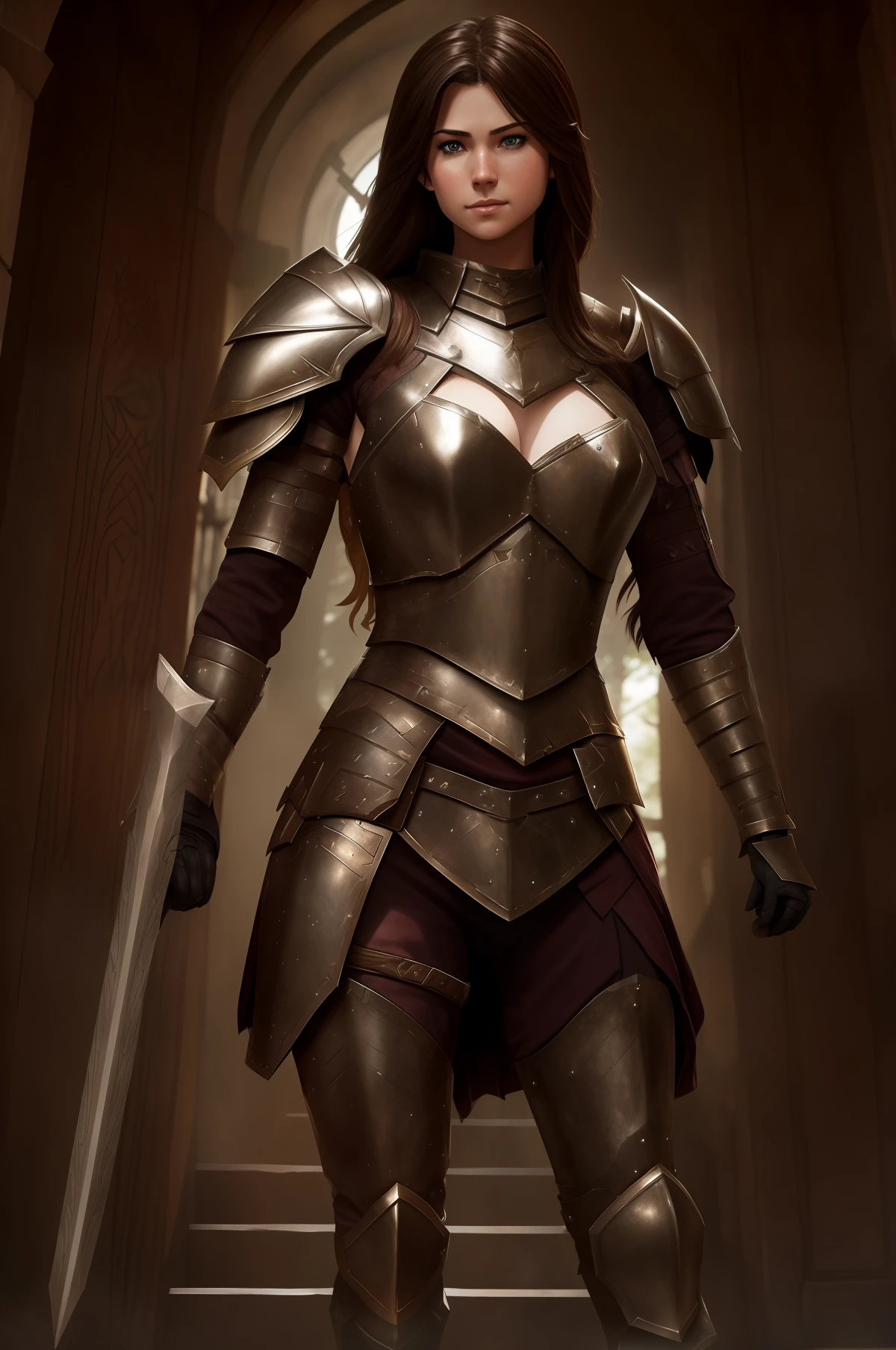 Ultra realistic, brown hair, wearing fantasy heavy breast plate armor, wearing heavy armor gauntlets bracer for the arms, Heavy armor greaves for the legs inspired by Dungeons and Dragons, female