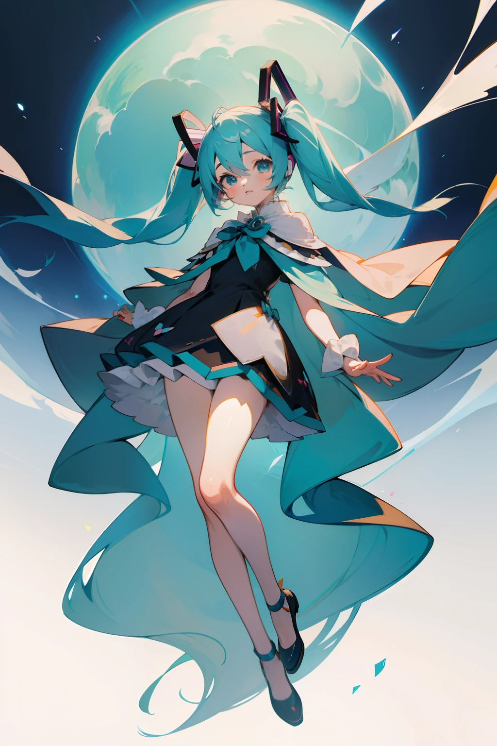 Anime girl in short skirt，ellegance，idoly，Furry shawl, cute anime waifu in a nice dress, mikudayo, anime moe art style, loli in dress, Os amigos, Hatsune Miku, Anime girl with teal hair, anime full body illustration, small curvaceous loli, vocaloid, lovely art style, Digital art on Pixiv, Pixiv style