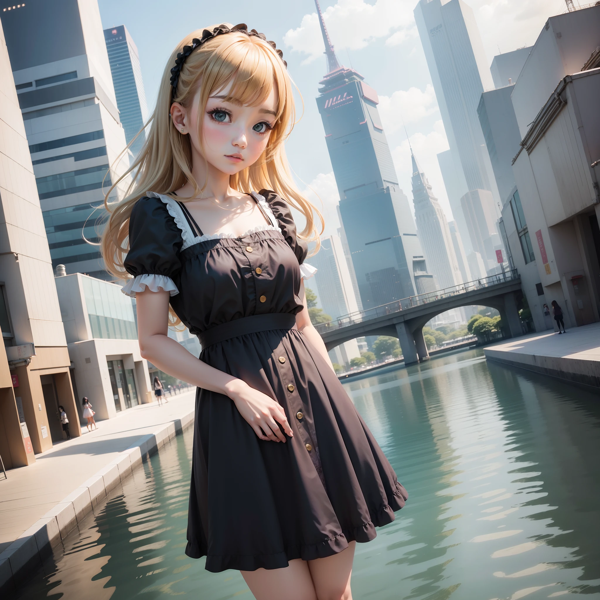 Girl in a cute dress、hair is golden、ultra-detailliert、high-level image quality、Fantasia、Aqua City Odaiba、