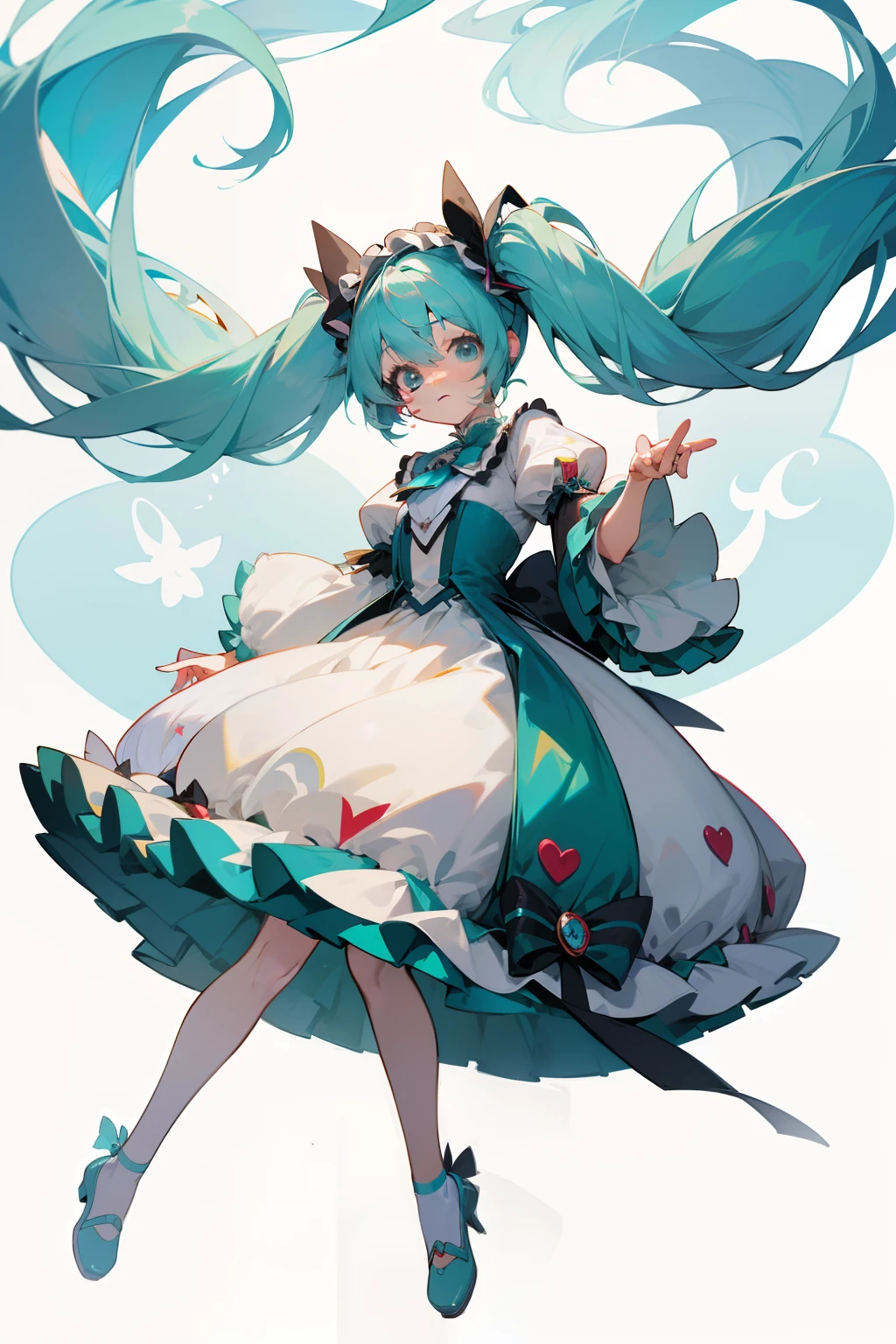 Anime girl in short skirt singing costume,ellegance,idoly,Fluffy puff sleeves, cute anime waifu in a nice dress, mikudayo, Anime moe art style, in dress, Os amigos, Hatsune Miku, Anime girl with teal hair, anime full body illustration, small curvaceous lolicaloid, lovely art style, Digital art on Pixiv, Pixiv style