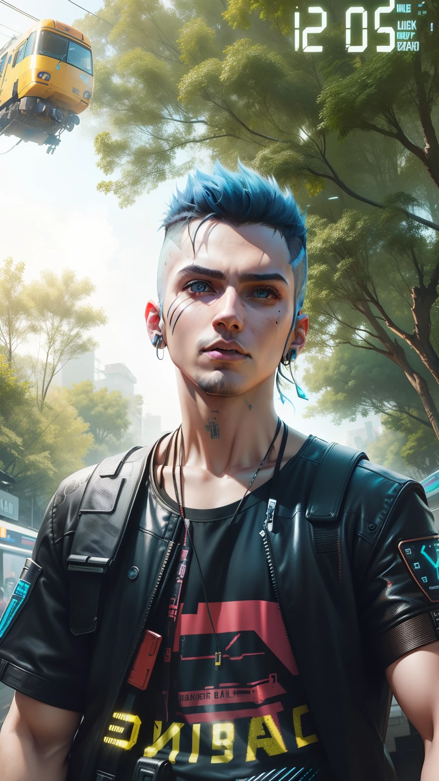 Background like cyberpunk 2077, dont edit face background little dark, clothes like robotic cyberpunk 2077, background flying car ,train, with all light blue lighting.