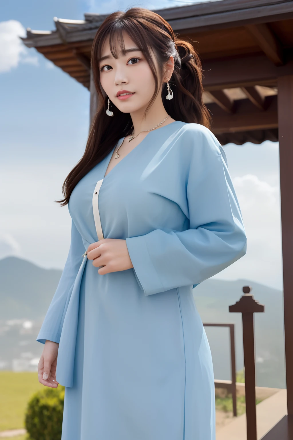 (Portrait:1.4), Masterpiece, Best quality, A high resolution, Long brown updo hair,(view the viewer:1.3), jewelry hairpin, breast enhancement,  Temple with clouds, outside,  (song style, song clothing,Lige blue print Song Han clothes:0.9),  saika1