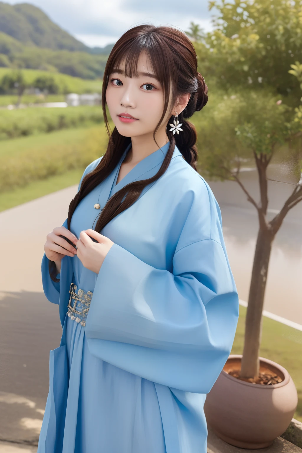 (Portrait:1.4), Masterpiece, Best quality, A high resolution, Long brown updo hair,(view the viewer:1.3), jewelry hairpin, breast enhancement,  Temple with clouds, outside,  (song style, song clothing,Lige blue print Song Han clothes:0.9),  saika1