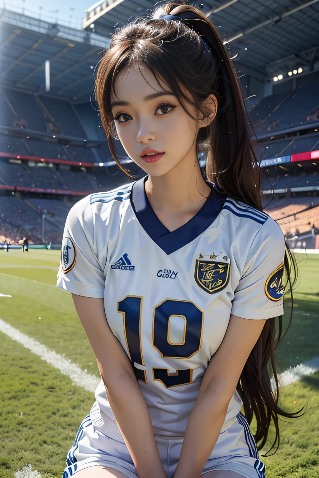(8K、top-quality、tmasterpiece:1.2)、(hentail realism、Photorealsitic:1.37)、ultra - detailed、top-quality、超A high resolution、profetional lighting、photon maping、Radio City、physically-based renderingt、Cinematic lighting、play soccer、depth of fields,on focus,rays of sunshine,Well structured,(the background is blurred:1.2),1 rapariga,(full body Esbian),(Keep your mouth shut),Beautiful eyes,Lewd poses,zoomed out,football uniform,brunette color hair,Beautiful straight hair,poneyTail(ulzzang-6500:1.2) mix4, hiqcgbody、Sweaty beauty、large full breasts、Beautiful woman in football uniform、Dramatic Sexy、Realistic Photos、Soccer court、Face with exquisite details、Beautiful and perfect、Muscular beauty
