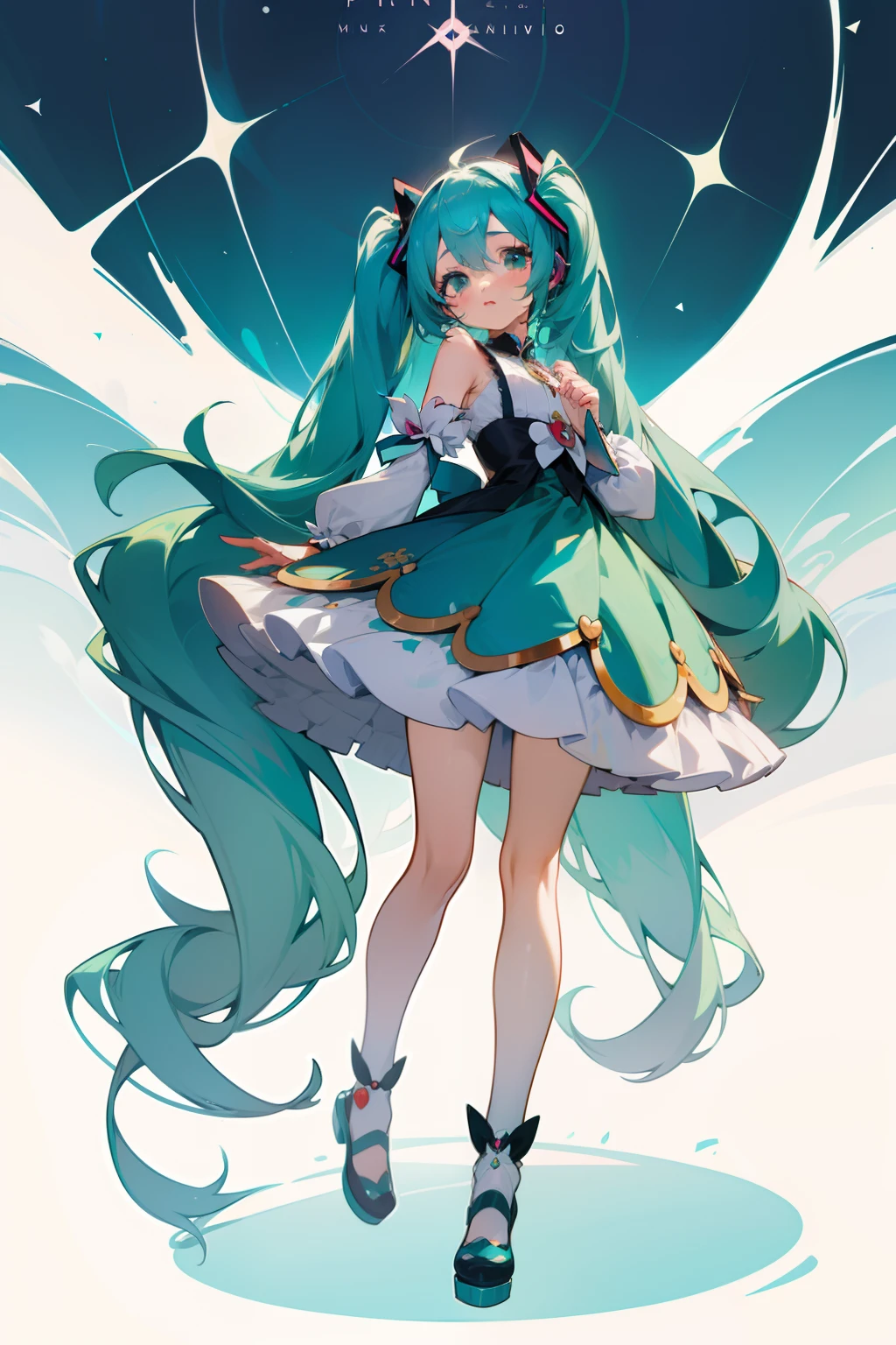 Anime girl in short skirt singing costume,ellegance,idoly,Fluffy puff sleeves, cute anime waifu in a nice dress, mikudayo, Anime moe art style, in dress, Os amigos, Hatsune Miku, Anime girl with teal hair, anime full body illustration, small curvaceous lolicaloid, lovely art style, Digital art on Pixiv, Pixiv style