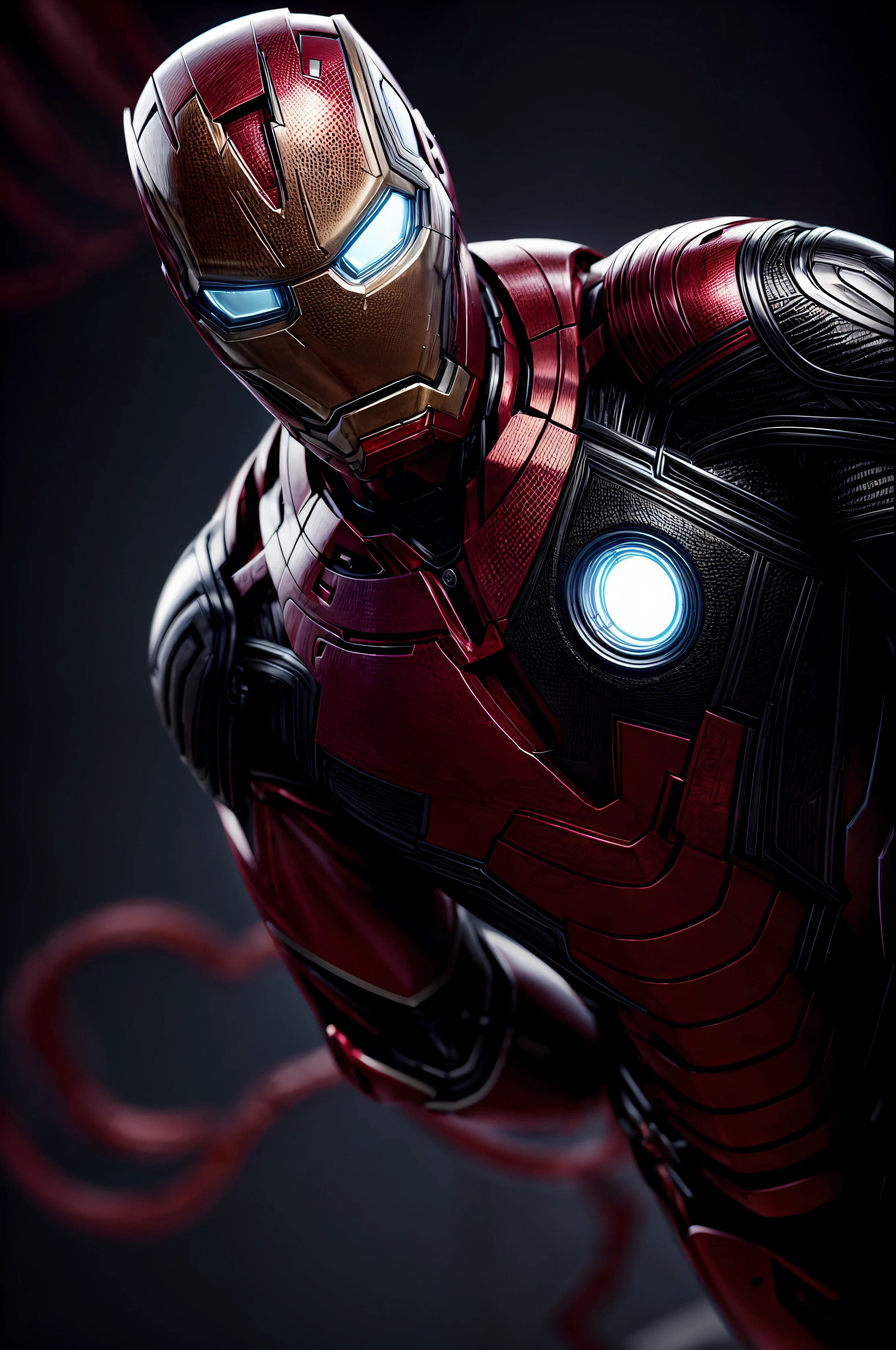 An intricate image of Ironman and venom, levitating, extremely detailed suit, micro-details, photorealism, one light, dark photo, deep shadows, shallow depth of field, photorealistic, Surrealism, high quality, masterpiece, 8k, 8k, super detail, full body portrait,  extremely muscular