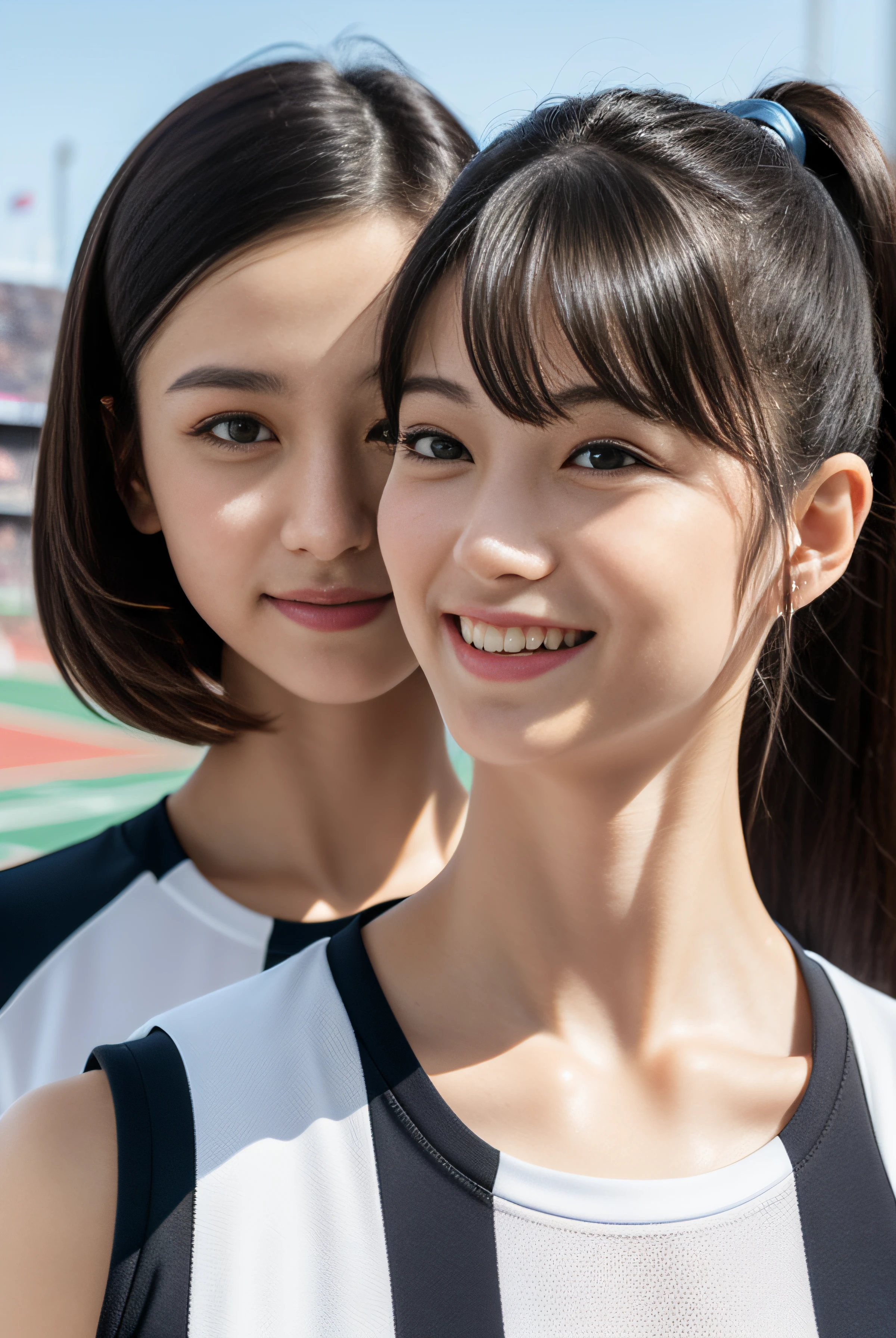 (((full bodyesbian)))、japanese beautiful woman、Two shots、(((track uniform)))、((Shoulder-length black hair))、((short ponytail hair))、Two people pose、Hairy axillary、Perfect style、beautifullegs、kawaii、((track & Track and field athlete women))、(((1人)))、((Stadium))、Extraordinarily cute、A slight smil、Beautiful breasts、full bodyesbian、Arena、((Outstanding style))、((Healthy body))、 Photorealsitic、Beautiful detailed eyes、Hyper-realism、hight contrast、Ultra HD、realistic skin textures、Top image quality、top-quality、超A high resolution、Fine details、Very meticulous