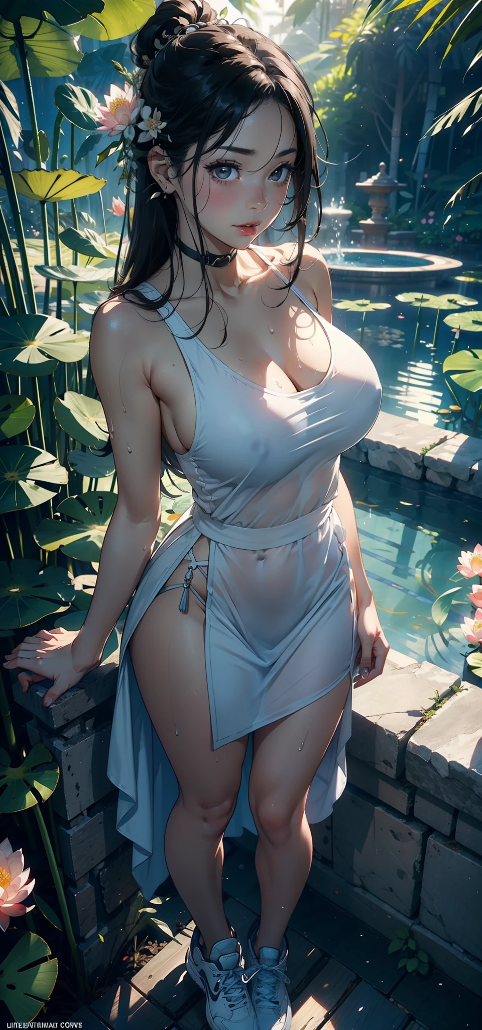1female,35yo,熟妇,long leges,Big breasts Thin waist,Slim,huge-breasted ,Pornographic exposure, 独奏,(Background with:bamboo forrest,lotuses,lotus flower,exteriors,Lotus pond) She has short black hair,standing on your feet,Sweat profusely,drenched all over the body,seen from the front, hair straight, mostly cloudy sky,(((tmasterpiece),(Very detailed CG unity 8K wallpaper),best qualtiy,cinmatic lighting,detailed back ground,beatiful detailed eyes,Bright pupils,Black eyes,(Very fine and beautiful),(Beautiful and detailed eye description),ultra - detailed,tmasterpiece,)),facing at camera,A high resolution,ultra - detailed),revealing breasts,Bare genitalia, Bulge,legs are open,Raised sexy,Camel toes,Flushed complexion,Open-mouthed,frontage,White floral headband,elementary student(Wearing:Sexy Lulu dress,athletic sneakers)Full body photo,Show shoes