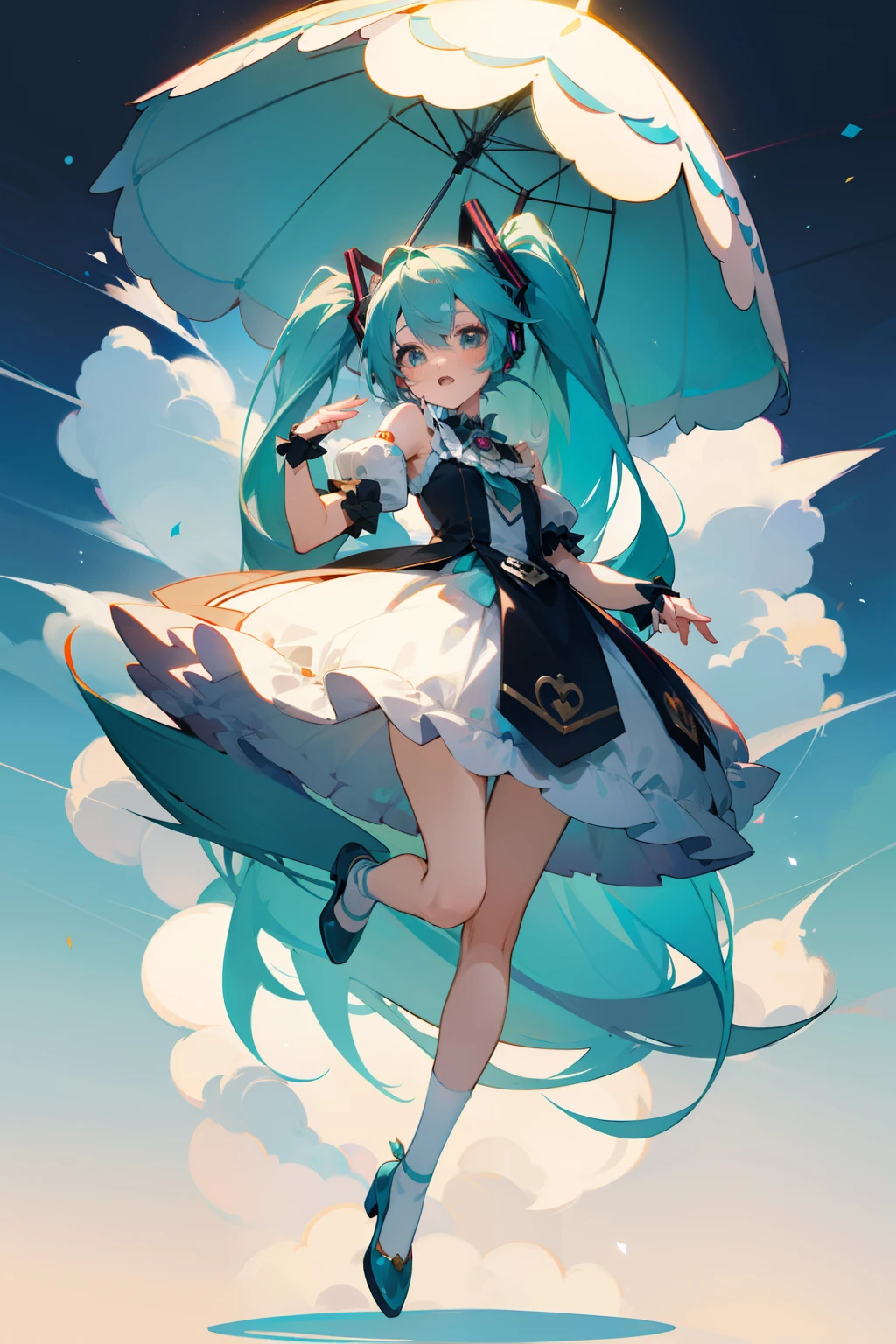 Anime girl in short skirt singing costume，ellegance，idoly，Fluffy puff sleeves, cute anime waifu in a nice dress, mikudayo, Anime moe art style, loli in dress, Os amigos, Hatsune Miku, Anime girl with teal hair, anime full body illustration, small curvaceous loli, vocaloid, lovely art style, Digital art on Pixiv, Pixiv style