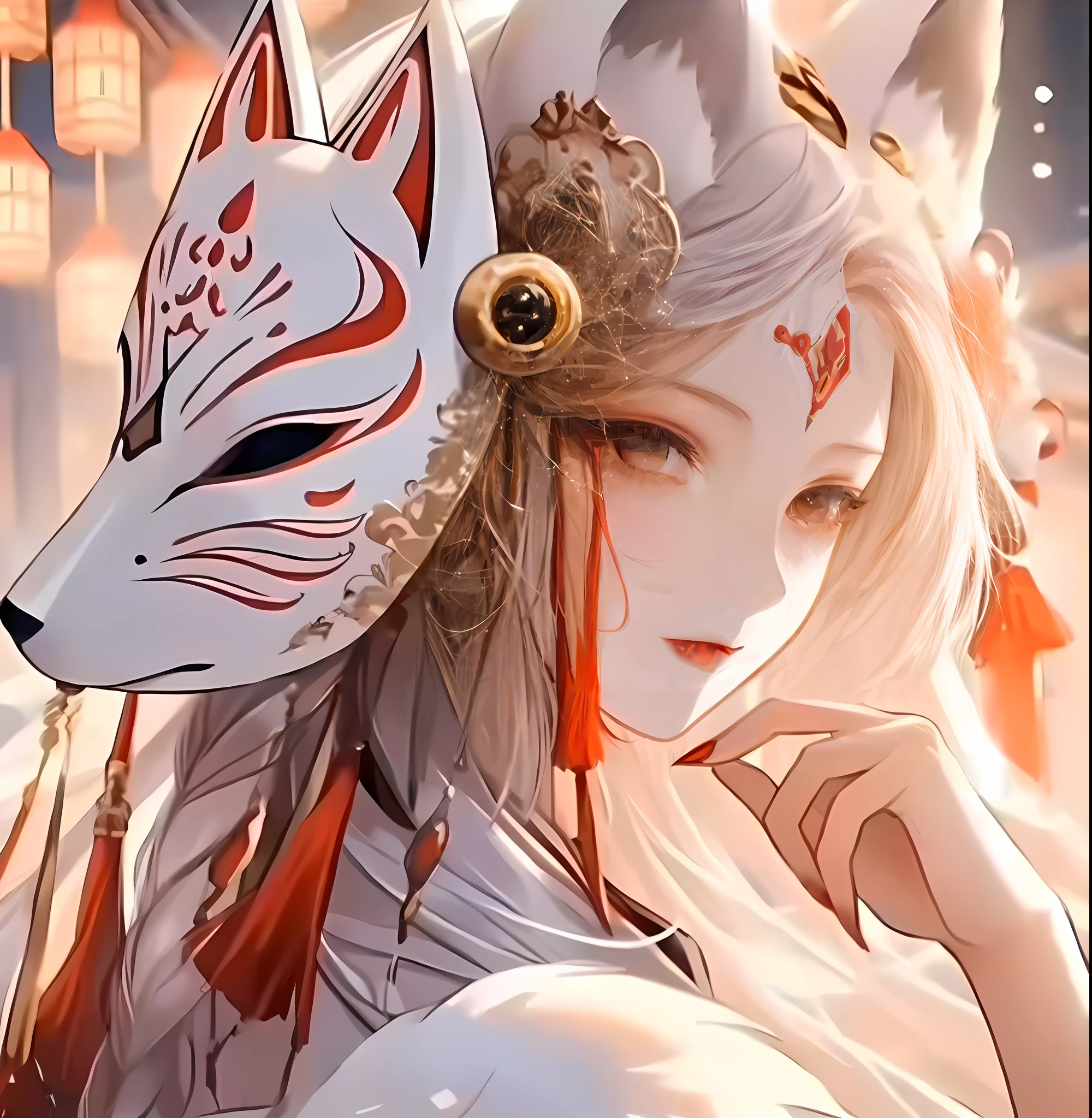 Anime girl with white mask and red hair, with kitsune mask, kitsune mask on head, a beautiful fox lady, kitsune mask, a beautiful kitsune woman, Kitsune, White-haired fox, wearing a kitsune mask, beautiful anime catgirl, Amaterasu, onmyoji portrait, white fox anime, From Arknights