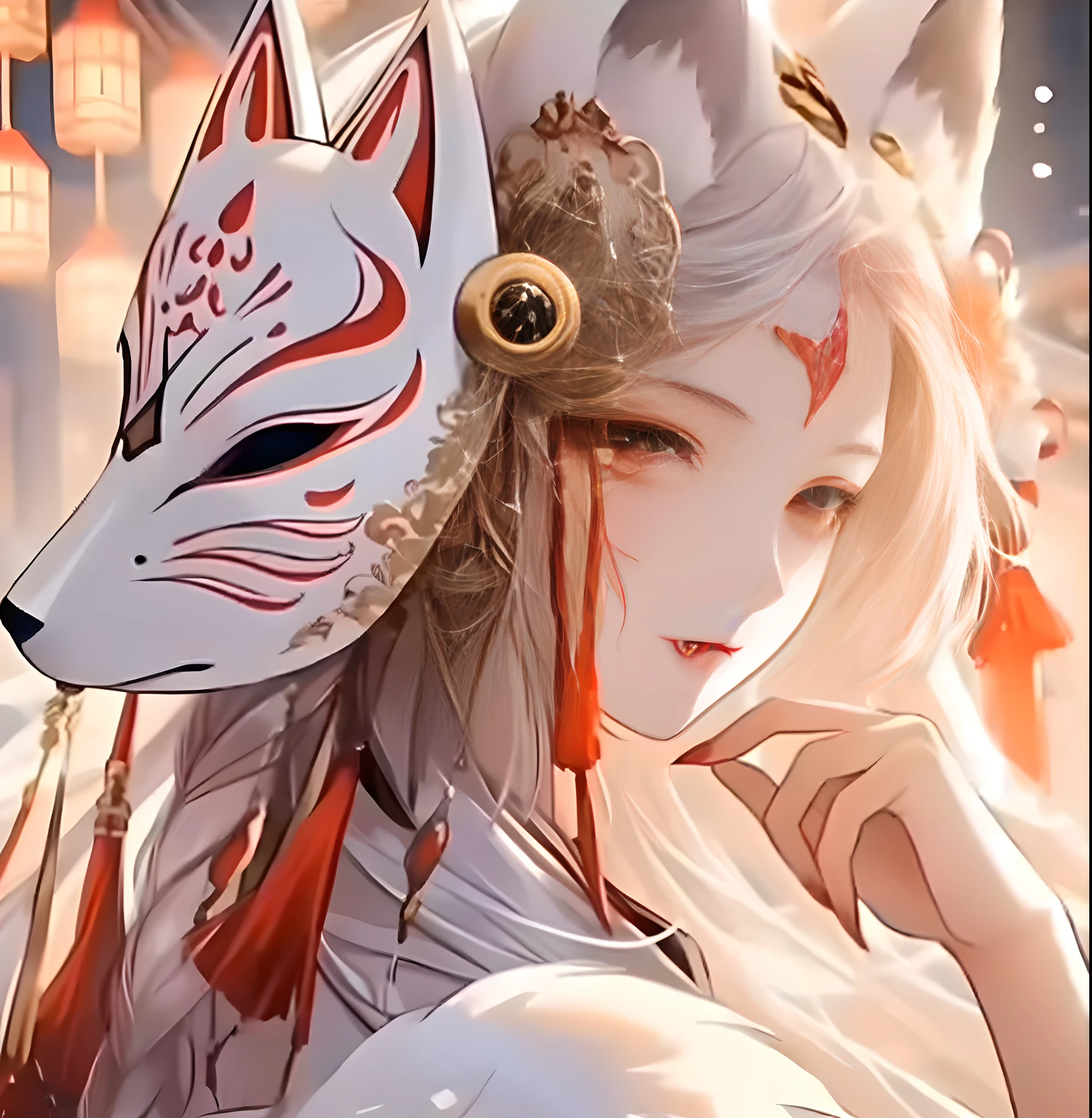 Anime girl with white mask and red hair, with kitsune mask, kitsune mask on head, a beautiful fox lady, kitsune mask, a beautiful kitsune woman, Kitsune, White-haired fox, wearing a kitsune mask, beautiful anime catgirl, Amaterasu, onmyoji portrait, white fox anime, From Arknights