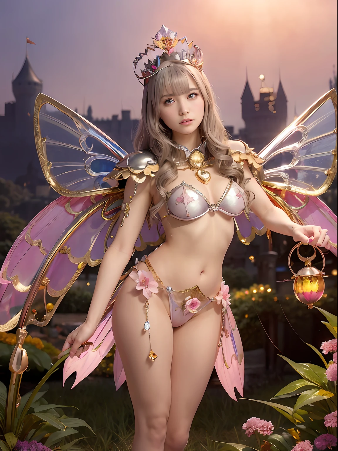 (Fairy of Light), Professional , masterpiece、top-quality、photos realistic , depth of fields (Gemstone Flower Metal Body:1.4),(Matte Silver Pink、Jewel Gold Weapon、(Gorgeous castle background)、(ultimate beauty girl)、(Flower rainbow fairy wings grow)、(Jewel Flower Metal Body:1.9),Gorgeous Jewel Metal Weapons , Detailed Sword of the Brave ,( a blond) ,warhammer 40k ,((Floral Micro Bikini))、Particles of light、(Beautiful flower garden background)、 adepta sororitas,Detail and ornate jewel crown、独奏、Brown hair、(Gangle's forest background)、Beautiful Caucasian beauty、1a person、dynamic ungle,(((Diamond tiara with detail and luxury)))、a small face、Powerful poses、(Gorgeous castle background)、huge filesize、20 year old beautiful woman、Thin female fingers、Straight long hair、Beautiful Caucasian beauty、Valley、Fairy of Light、Particles of light、