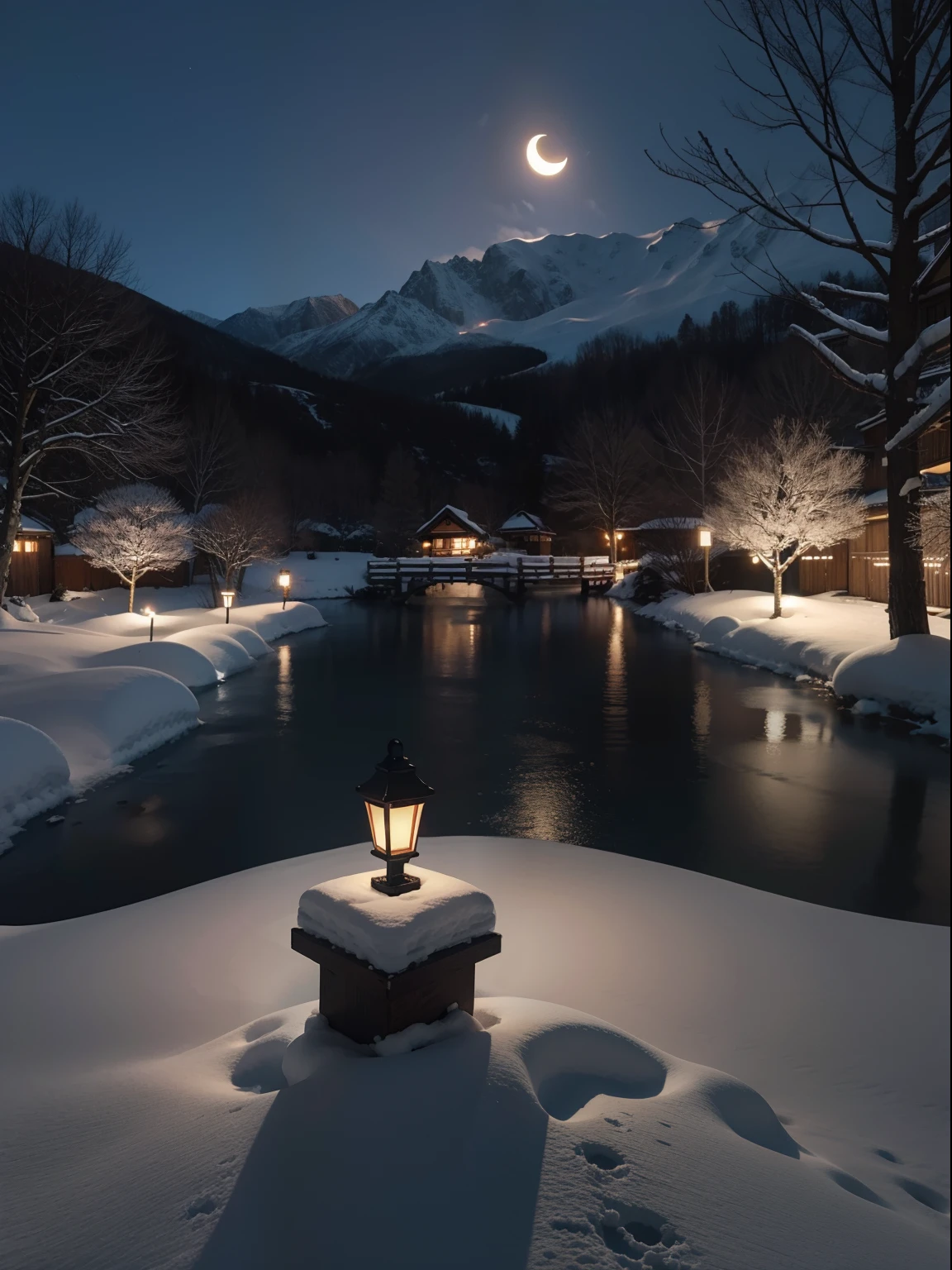 sake drunk while viewing a snowy scene in dark shadow by moon lighting
