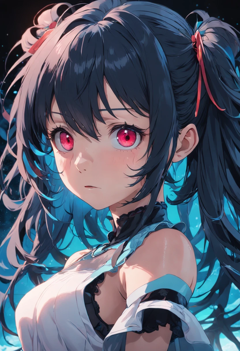 black hair, hair bobbles, longeyelashes, chin grab, disdain, Surrealism, drop shadow, anaglyph, stereogram, tachi-e, pov, atmospheric perspective, high detail, Ultra-Wide Angle, 8k, super detail, ccurate, best quality, textured skin, masterpiece