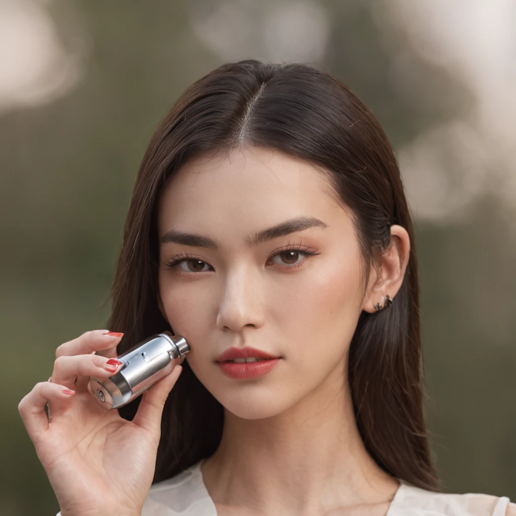 One Chinese holds a pepper shaker in one hand，Place it next to your face，Take a photo of the razor brand，ad campaign，H3H3，Taoist，shot of，beauty retouch，Cool and bright tones，Dua Lipa，Official Product Pictures，inspired by Luo Ping，Clean face and body skin