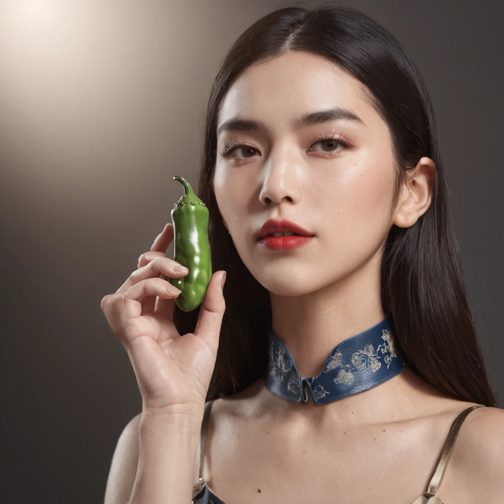 One Chinese holds a pepper shaker in one hand,Place it next to your face,Take a photo of the razor brand,ad campaign,H3H3,Taoist,shot of,beauty retouch,Cool and bright tones,Dua Lipa,Official Product Pictures,inspired by Luo Ping,Clean face and body skin