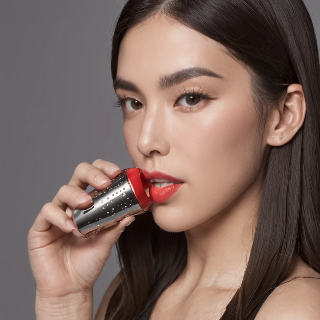 One Chinese holds a pepper shaker in one hand，Place it next to your face，Take a photo of the razor brand，ad campaign，H3H3，Taoist，shot of，beauty retouch，Cool and bright tones，Dua Lipa，Official Product Pictures，inspired by Luo Ping，Clean face and body skin