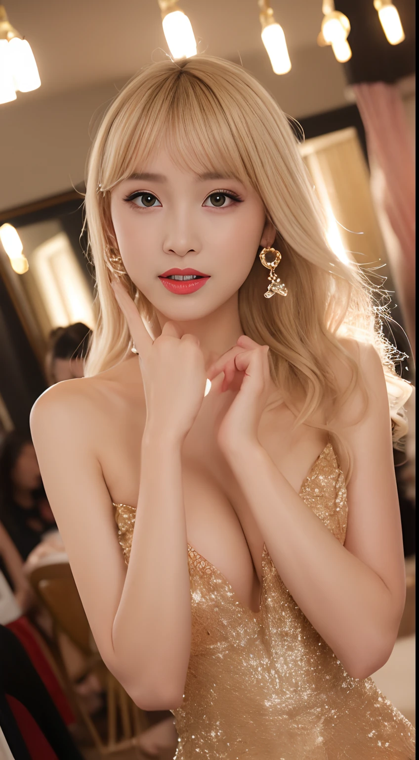 ((An ultra-high picture quality、top-quality、8k picture、​masterpiece:1.3))、Crisp focus:1.2、Beautiful woman with perfect body shape:1.4、Supreme Beauty、Super Slender、abdominals:1.2、((Blonde colored hair、Hair Styling Arrangement、short-cut、Raise your hair、beutiful breast:1.2、tchibi、))、a wet body:1.5、Very delicate skin texture、A detailed eye、二重まぶた、japanes、、Perfect five-finger、Delicate and perfect hands、perfect arms、perfect leg、perfect foot、night city background、Idle face、Complete nakedness、Cabaret background、perfect  eyes、Perfect makeup、red-lips、A slight smil、open the legs widely、Make both legs look beautiful、Delicate hair、skinny  body、Ganimata leg opening、Hands behind the body、Sex Worker、high quality make up、sexypose、Gorgeous and elegant hair、Bewitching face、Best Makeup、The cutest beauty in the world、Best Hair Styling、Stylish hair and makeup、The sexiest in the world、Sleepy face、Wearing a black cocktail dress、Wearing a fancy party dress、red gorgeous dresses、Elegant dress、The finest dresses、Wear hair ornaments、Ring earrings、Glittering Gold Dress、Pink lace dress、Red Gold Dress、Glamorous atmosphere、Luxury high heels、Diamond necklace、Short stature、tchibi、Infant face、Glitterbracelet、Glittering anklets、Gentle face、Bun Hairstyles、Young Face、Black eyeliner、long lashes、Cabaret Cast Style、champagne、champagne glass、Innocence、Overall pink image、Sauce order、Tear bag、Black around the eyes、Lori face、a baby face、