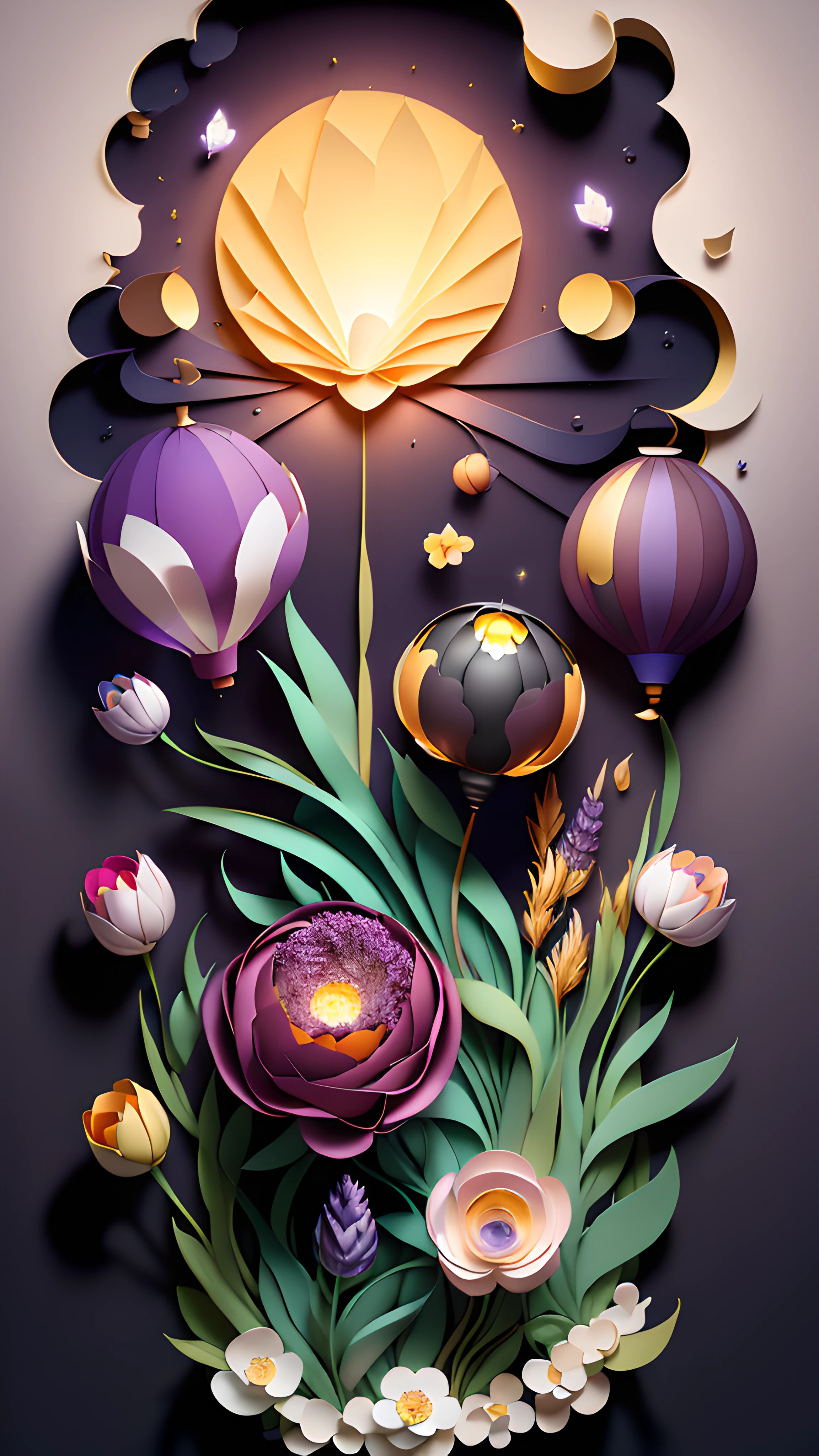 Higher quality,high detal,超高分辨率,8K分辨率,Works of masters,Best image quality,depth of fields,in a panoramic view,lavender,evening light,Hydrogen balloons,Paper Cuttings style