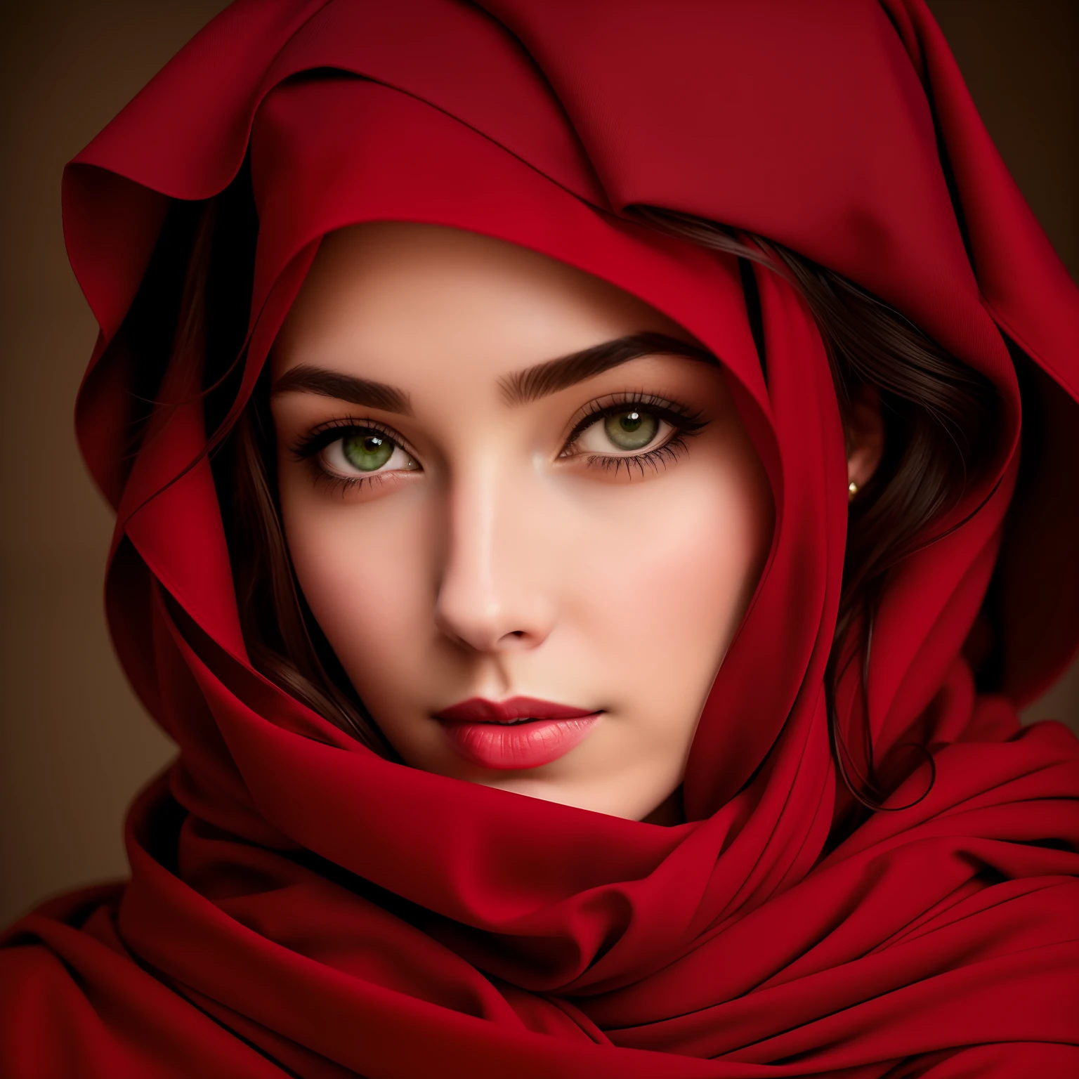 Longing woman wearing a red scarf and a green scarf, Portrait photo of a beautiful, very beautiful portrait, Red scarf, beautiful portrait image, color photograph portrait 4k, Beautiful portrait, stunning portrait, Portrait shooting, Wonderful, impossibly beautiful portrait, Soft portrait shot 8 K, photo of a beautiful woman, dressed in a beautiful red cloak, Beautiful eyes and face