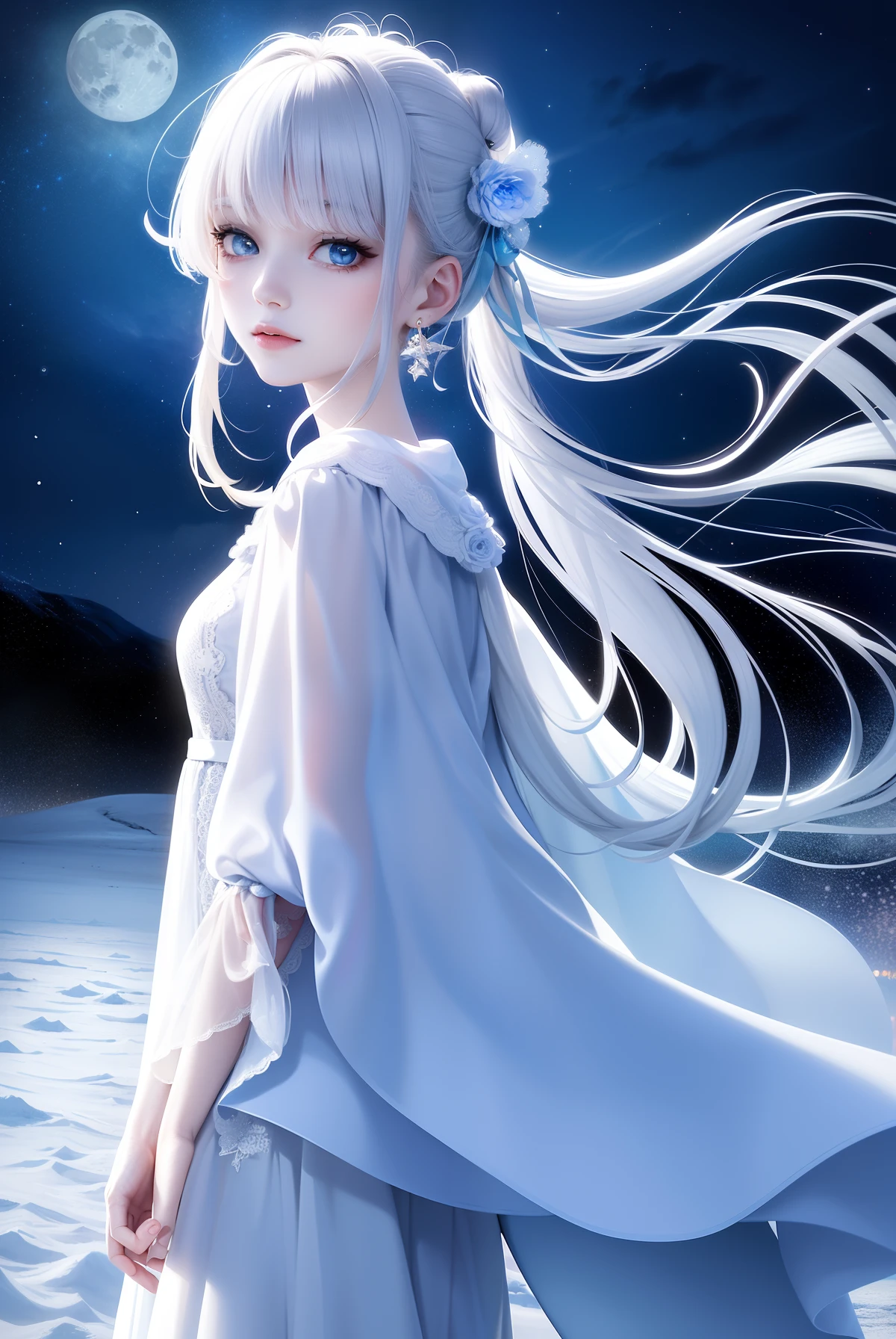 Masterpiece, (Best Quality: 1.2), (Super Fine: 1.2), Illustration, (Extremely Delicate and Beautiful: 1.2), Film Angle, Floating, (Beautiful Detail Eye: 1.1), (Detail Light: 1.1), Film Lights, Delicate Sky, Woman, White Hair, Blue Eyes, (High Ponytail: 1.1), Cloak, Glowing Eyes, (Moon: 1.2), (Moonlight: 1.1), Starry Sky, (Light Particles: 1.1), Fog , snow painting, sketching, blooming